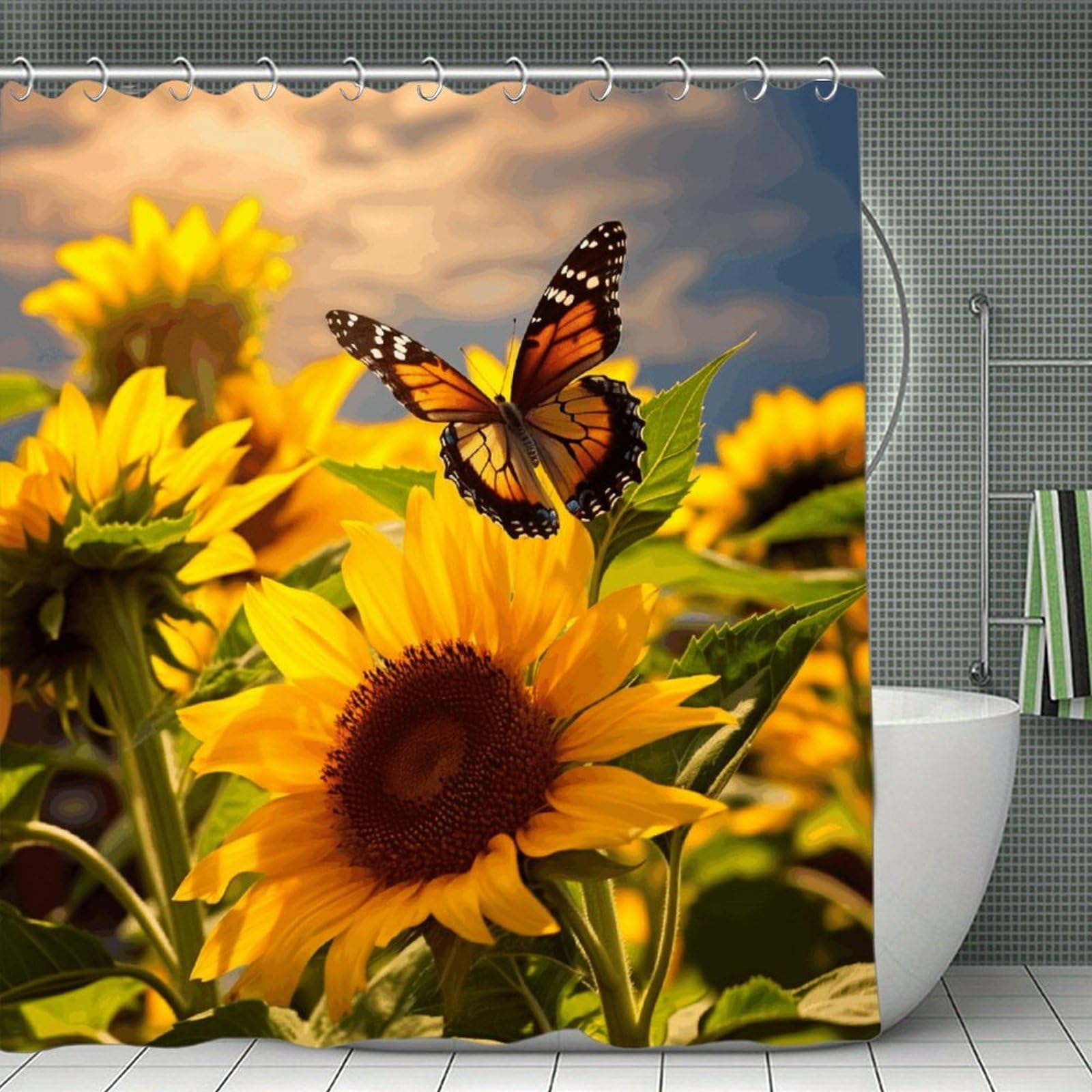VstaDank Sunflower Butterfly Shower Curtain Waterproof Bathroom Curtain with Hooks Luxury Weighted Bath Curtains for Bathtubs Showers Room Dividers Decorative Shower Curtains 71x71 in
