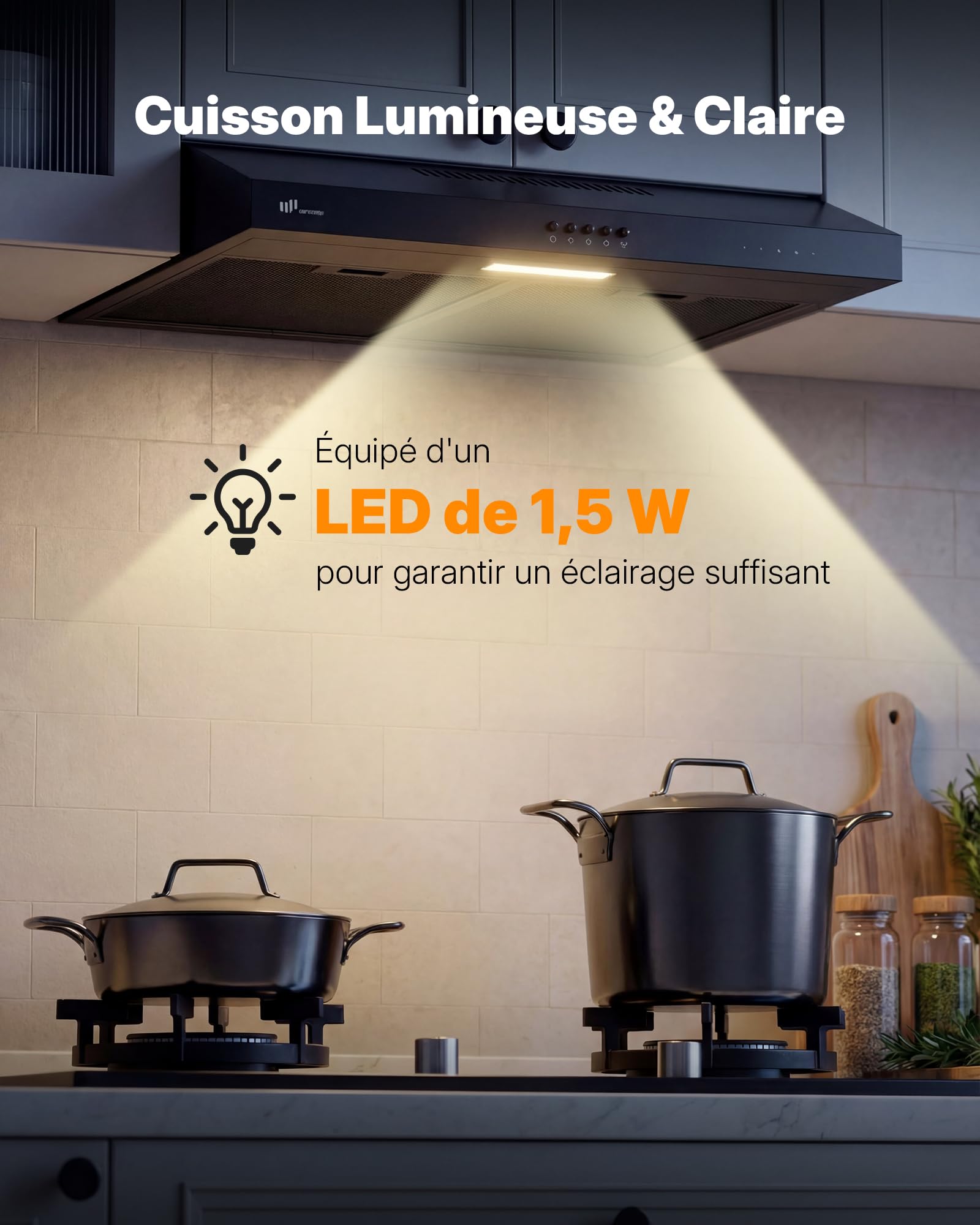 Upstreman Hotte Aspirante 60 cm, Classe A+++, 3 Vitesses (220 m³/h), Évacuation ou Recyclage avec Filtre à Charbon, Silencieuse 61 dB, Éclairage LED 1,5W, Noir, HU60