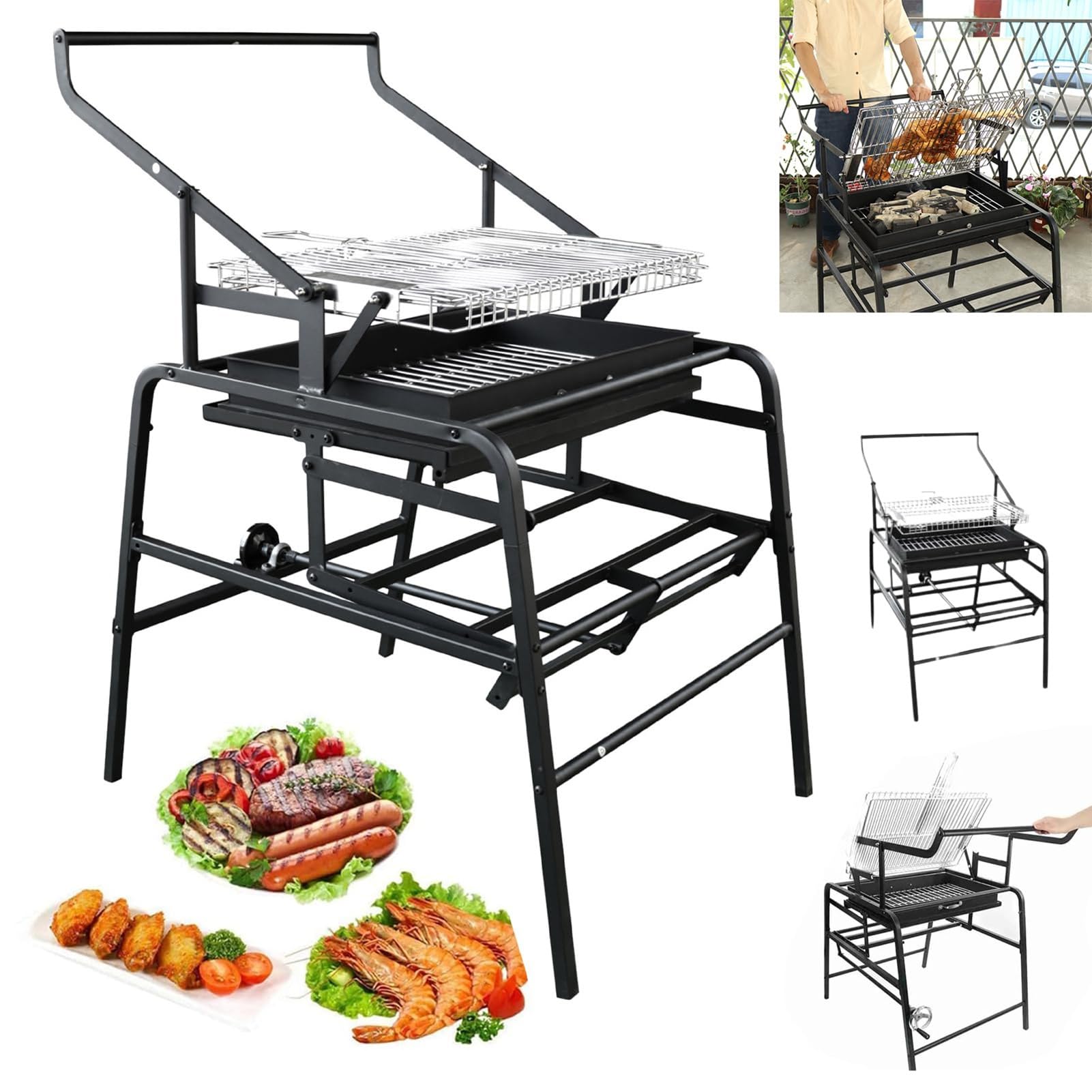 Griglia per barbecue in acciaio inox, girevole a 360°, portatile, per campeggio, barbecue, picnic, spiaggia