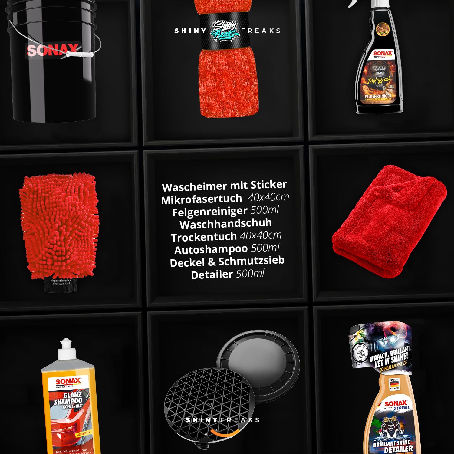 SONAX WaschEimer Autowasch Set 5GAL mit GlanzShampoo + FelgenBeast + BrilliantShine Detailer je 500ml + Schutzsieb + Waaschhandschuh + Tücher | Autopflege Handwäsche Felgenreinigung | 10-teilig