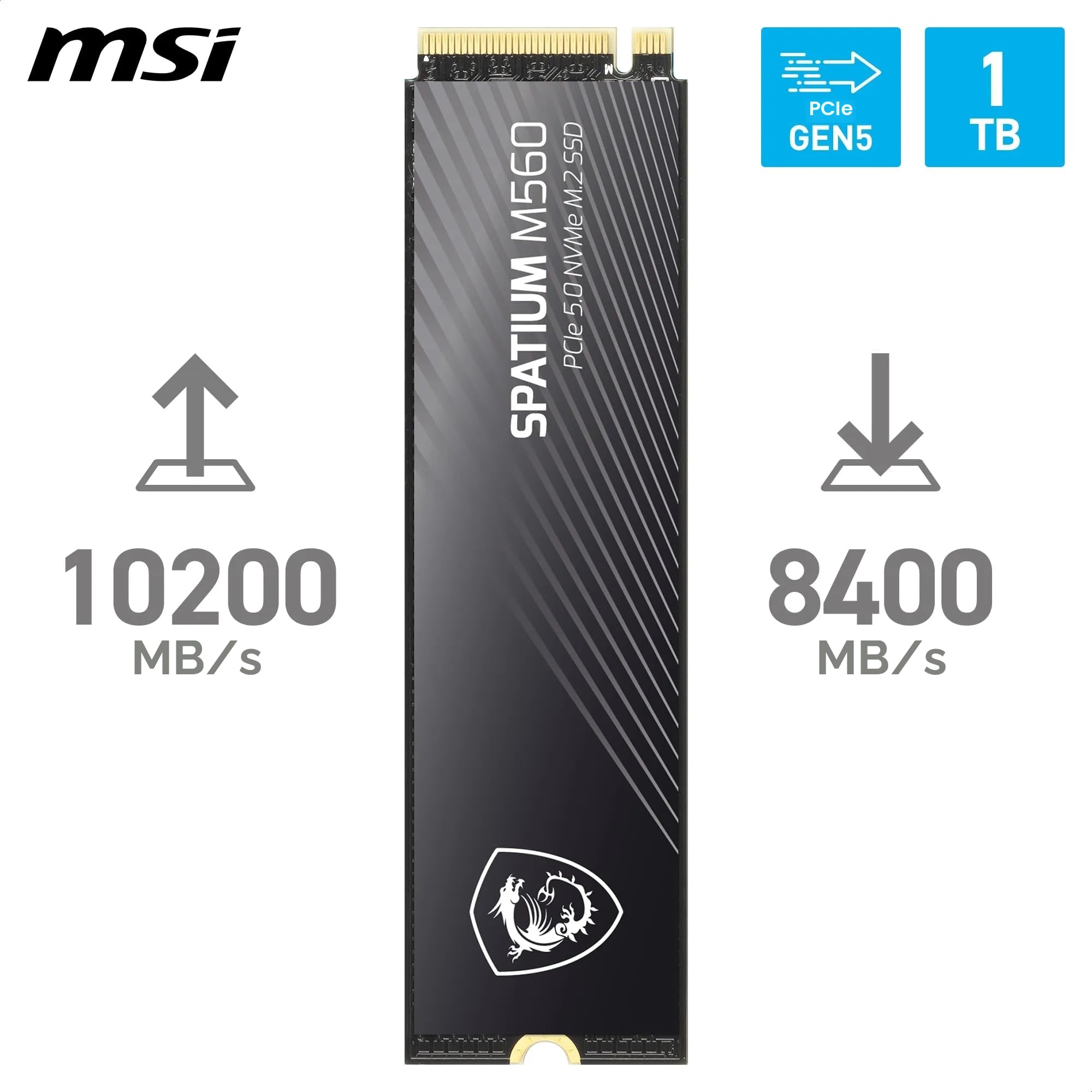 MSI SPATIUM M560 SSD 1 TB – PCIe 5.0 NVMe M.2 interne SSD, 10.200 MB/s Lesen & 8.400 MB/s Schreiben, 3D NAND, integrierte Datensicherheit, Center – 600 TBW