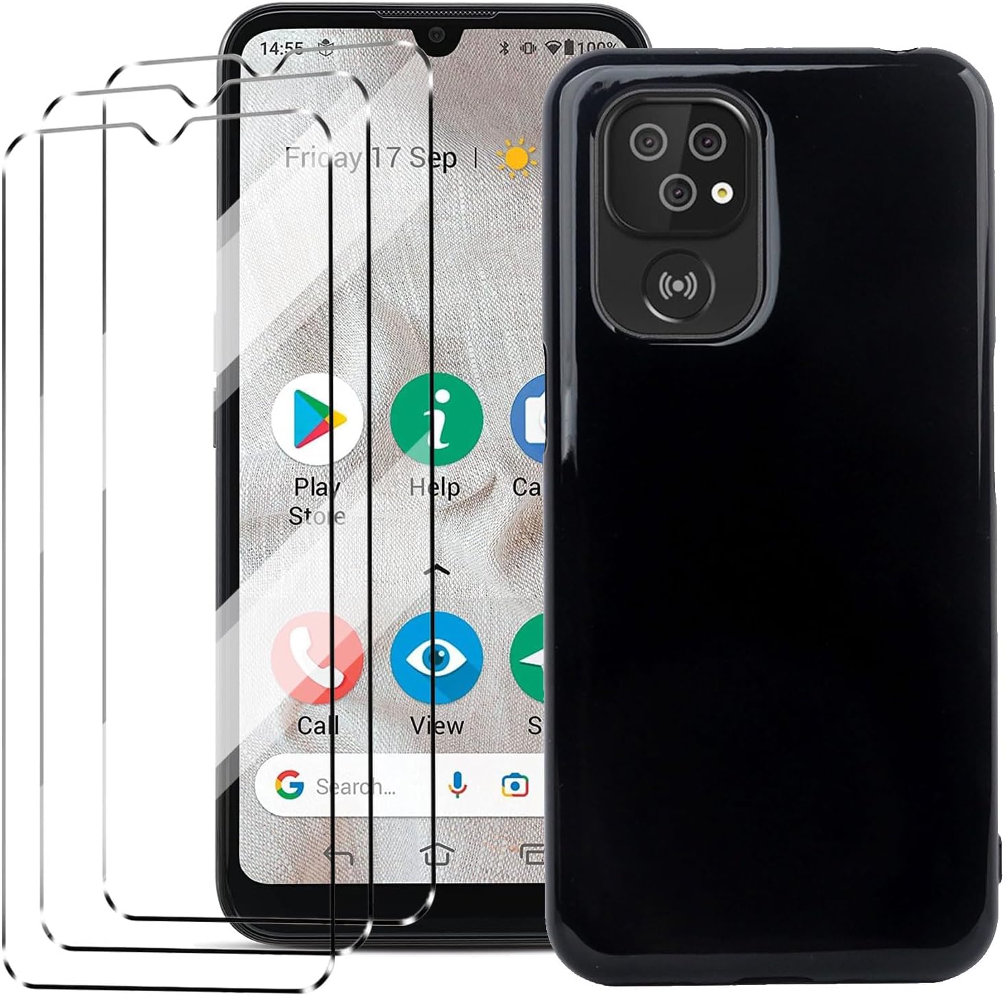 [4 in 1] Case Compatible with Doro 8100 Cover with 3 Pack Tempered Glass Screen Protector for Doro 8100, Slim Fit Soft TPU Shockproof Anti-Scratch Phone Case Cover - Black