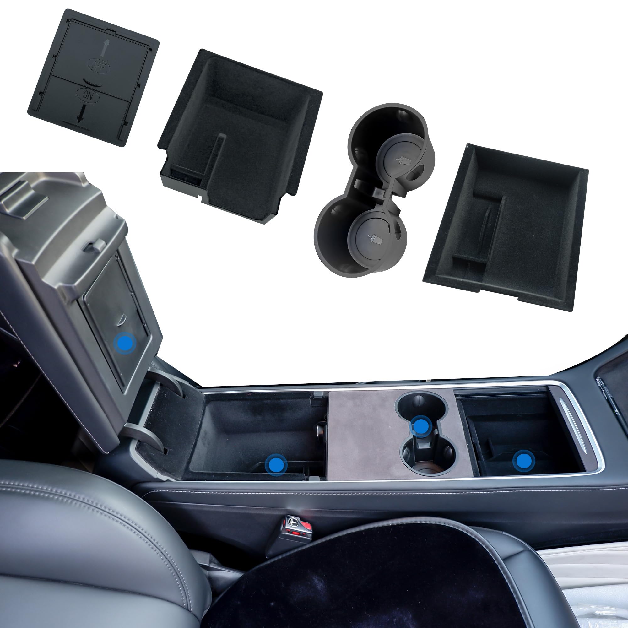 Kstars 4PCS Organisateur de Console Centrale Compatibles avec Modèle Y 2021-2024 Modèle 3 2017-2023 Plateau de Rangement Boîte de Rangement pour Accoudoir Boîte Cachée et Porte-gobelet