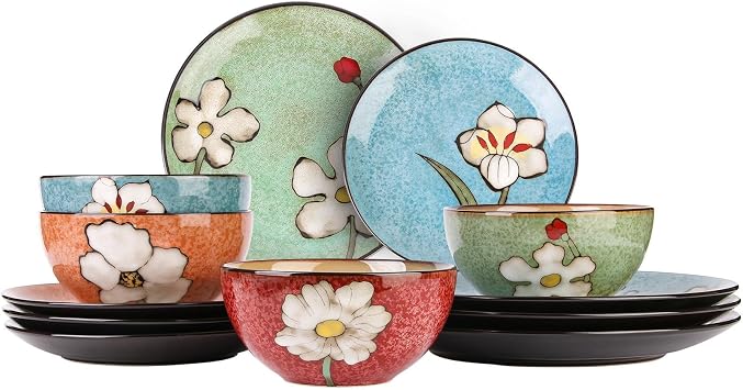 Plates and Bowls Sets,12 Pieces Kiln Changed Glaze Ceramic Dinnerware Set,Dishes Set for 4,Highly Chip and Crack Resistant Modern Plate Set,Dishwasher & Microwave Safe 4 colors