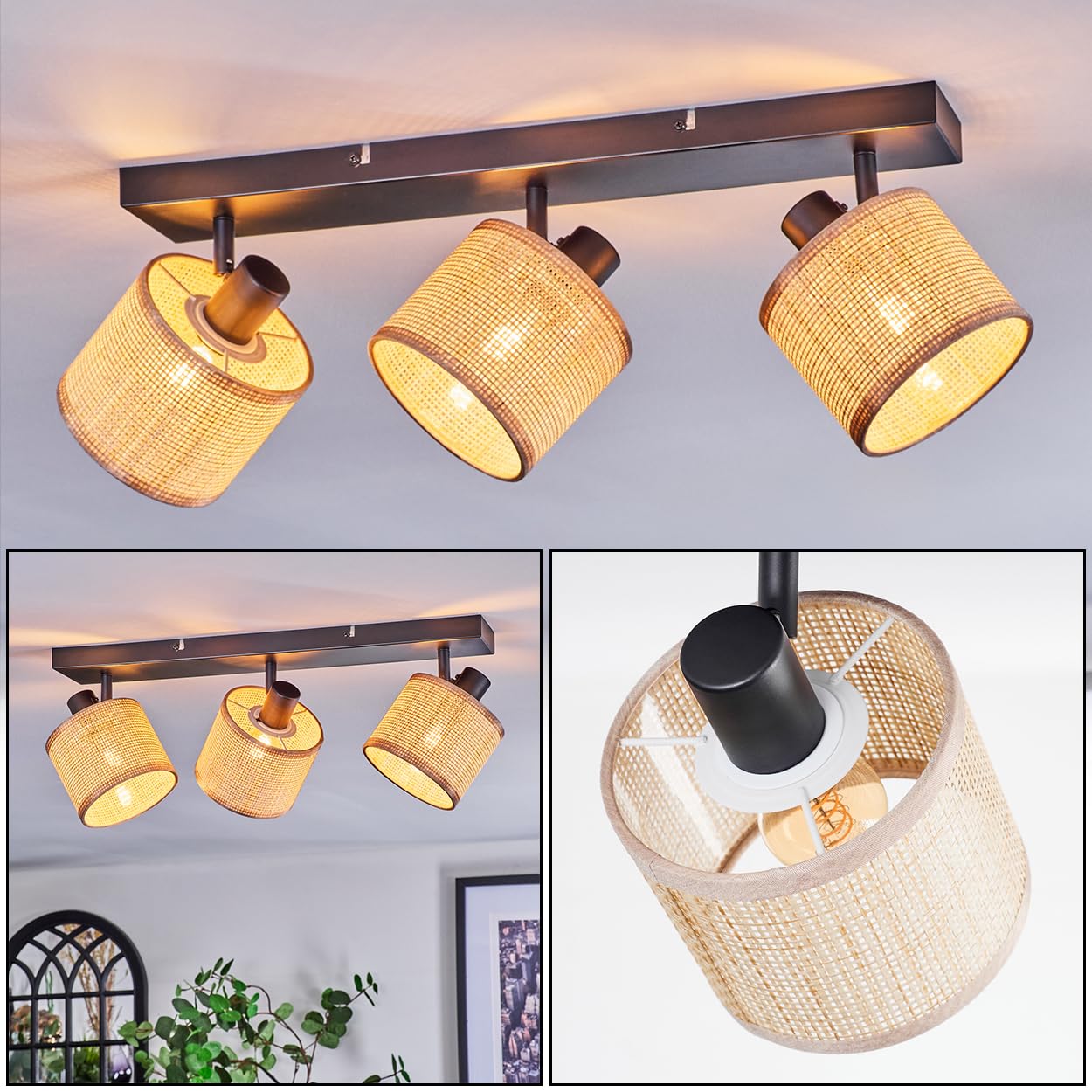 HOFSTEIN Lampa sufitowa Sabadim, z metalu/plecionki papierowej/materiału w kolorze czarnym/naturalnym/brązowym, regulowana lampa w stylu boho (klosze Ø 12 cm), E14, do jadalni, salonu, sypialni
