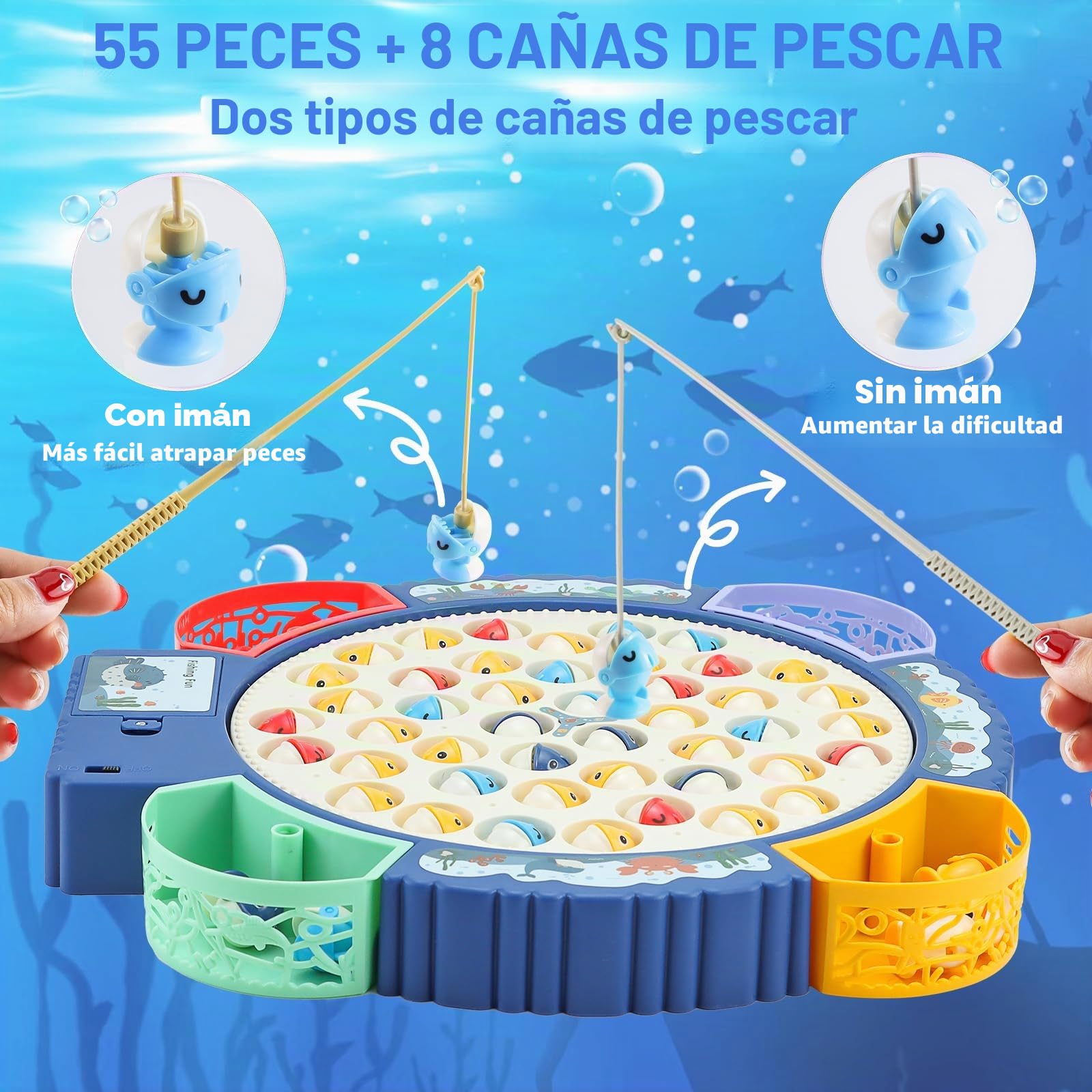 Qingning Juguete de Pesca Niños con 55 Peces y 8 Tiras de Caña, Juego de Pesca Magnético con Musica, Giratorio, Juego de Mesa Juego Educativo Montessori Regalos de Cumpleaños para Niños de 3-6 Años
