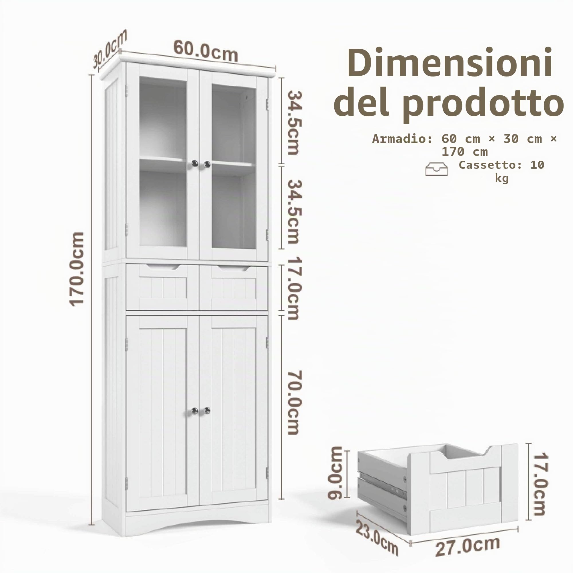 Xbro Armadietto da Cucina, Mobile bagno con 2 Armadi e 2 Cassetti, Mobile Cucina con Design Anti-Ribaltamento per Cucina, Soggiorno, Sala da Pranzo, Lavanderia (Bianco)