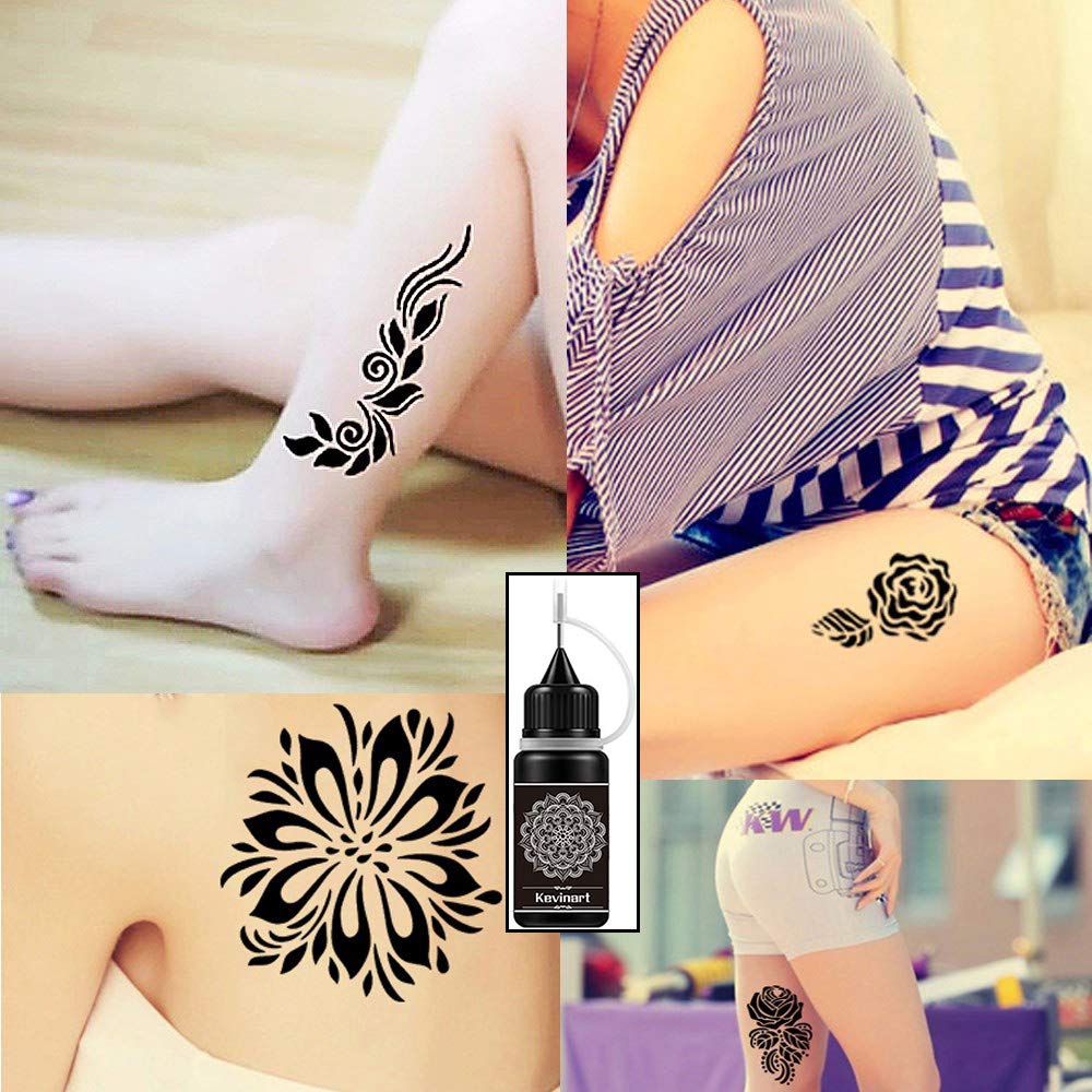 Temporary Tattoos Kit Black Tattoo Kit 2 Bottles 1 Oz Temp Tattoo Kit Semi Permanent Freehand Ink/Gel with 60 Adhesive Stencils for Women Men Kids Boys Body Art Painting Decor Supplies