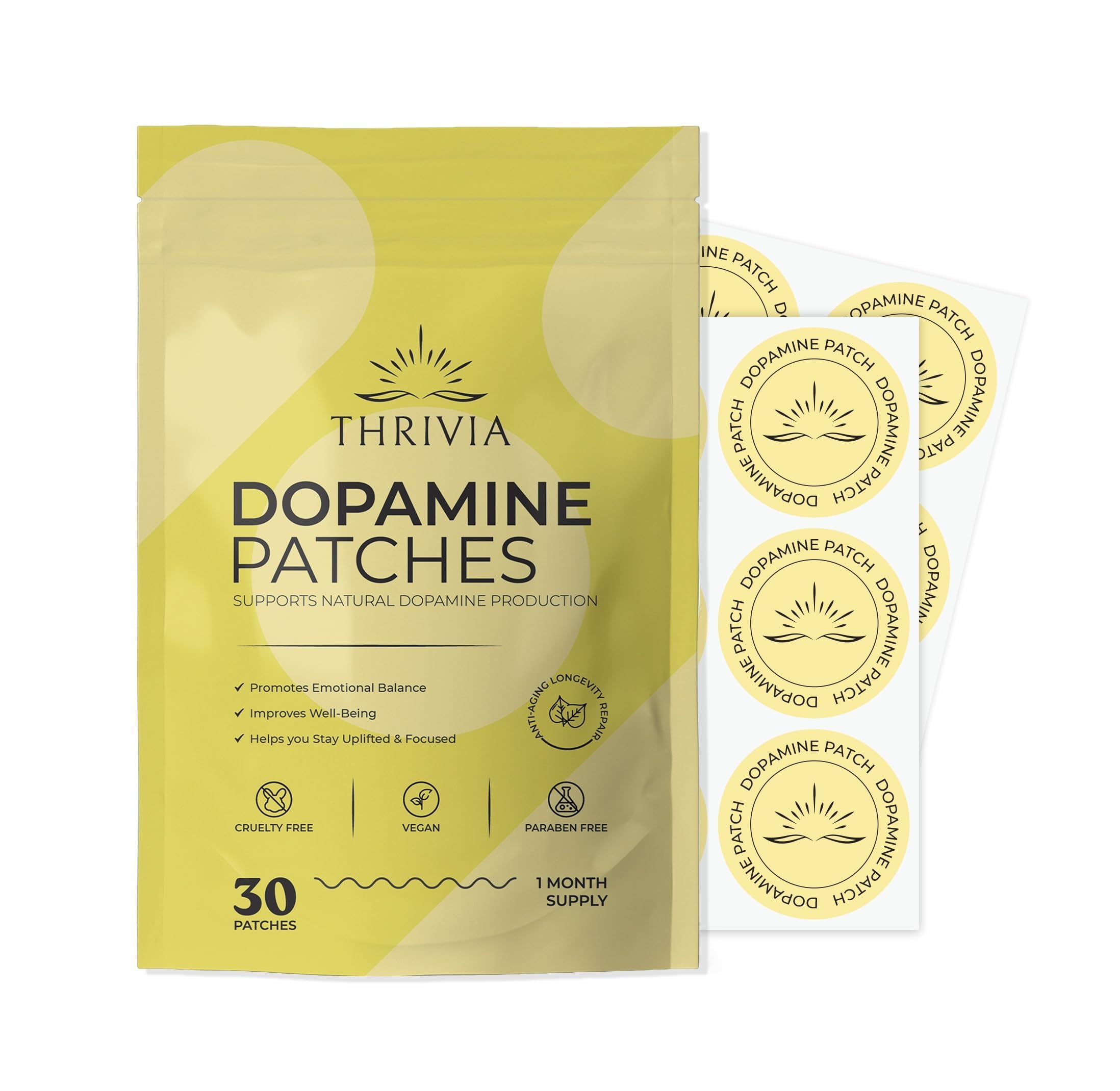 Thrivia — Adesivo de 5-HTP com cogumelo juba-de-leão, Mucuna, Rhodiola e Damiana, 30 unidades