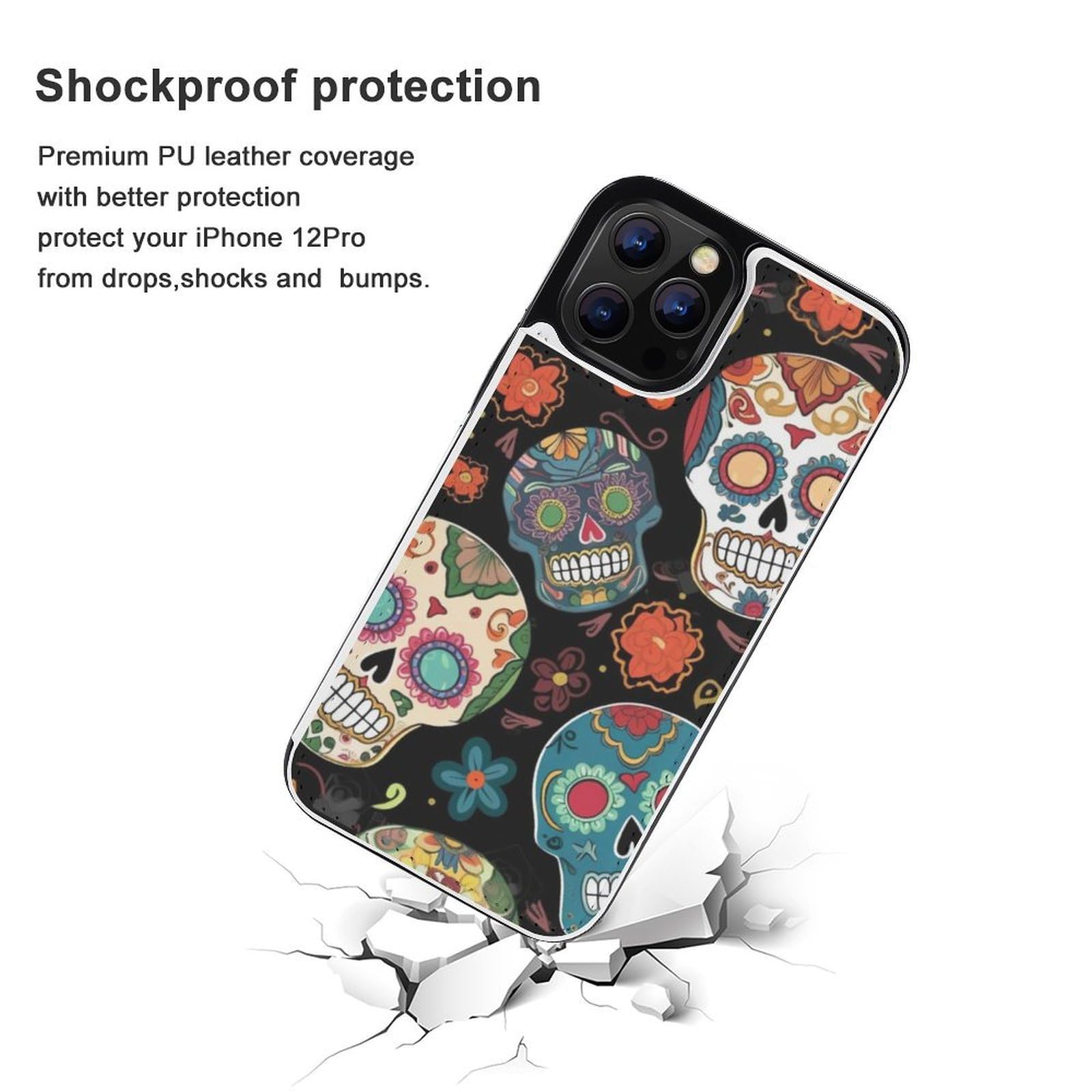 Fundas tipo cartera para iPhone 12 Pro, diseño de calaveras de azúcar, funda de piel con ranuras para tarjetas