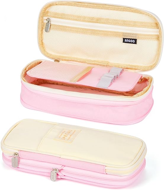 Coolzon Expandable Pencil Case, Large Capacity Pencil Cases Pen Bag Pouch Holder School Stationery Organizer Makeup Cosmetic Bag for Girls Boys Students Adults, Pink
