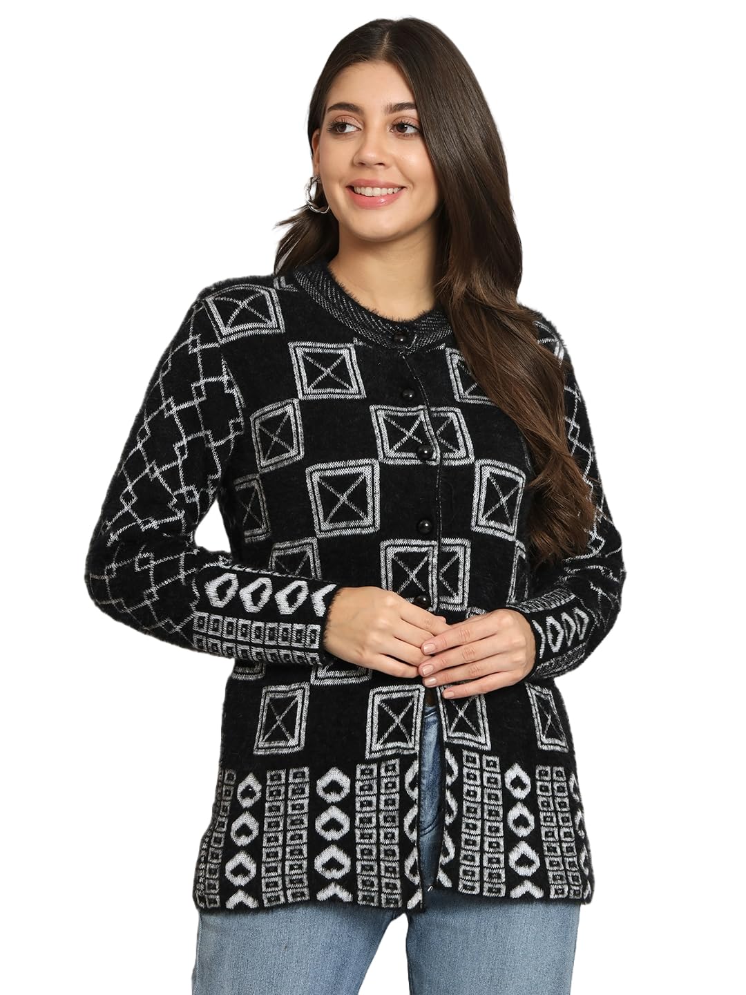 ewools Women's Winterwear Hair Box Print Woolen Sweater Cardigans-picture-32