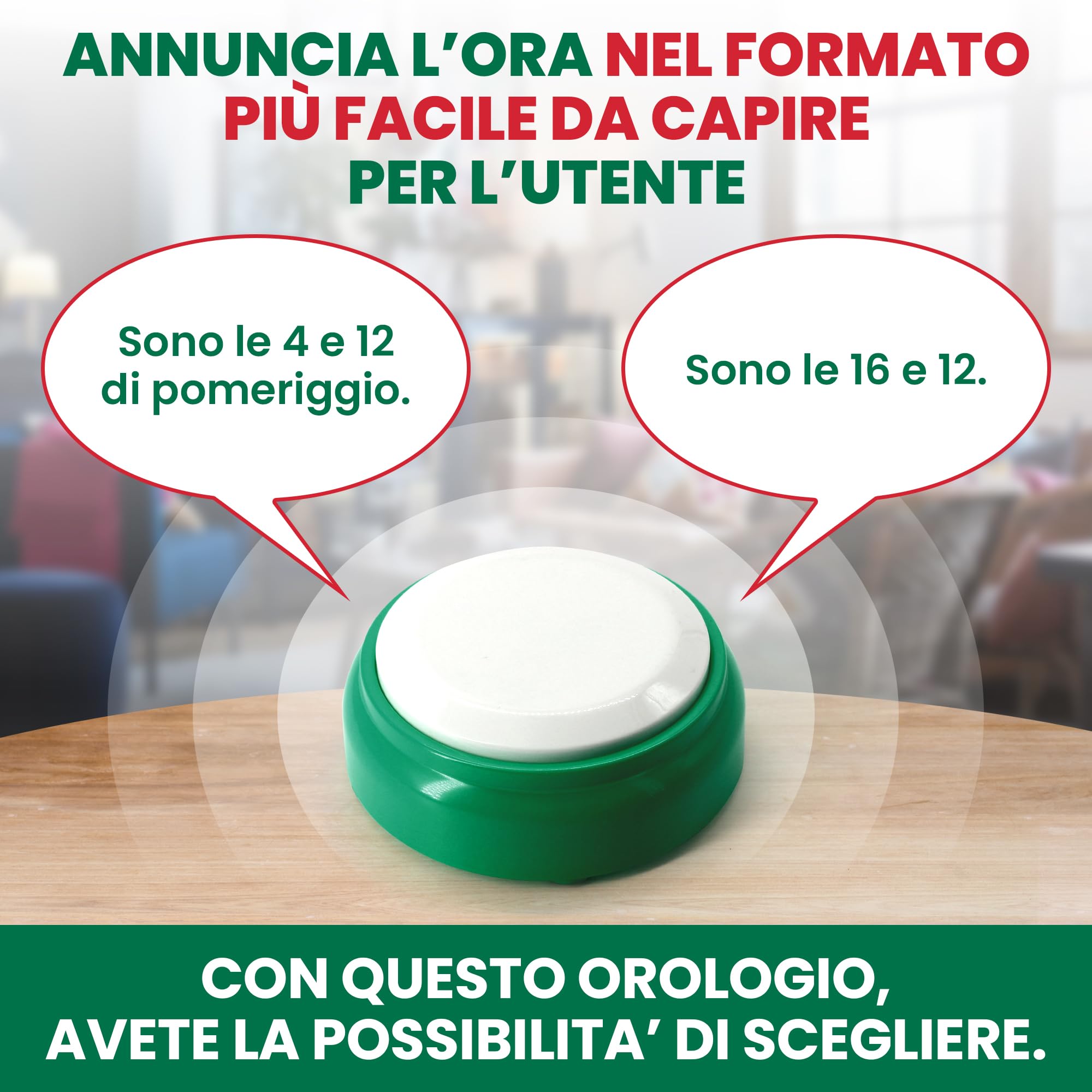 Orologio Parlante Formato 12 Ore - Più Facile da Capire - per Anziani, Ipovedenti, Ciechi, Malati di Alzheimer - Sveglia ad Alta Visibilità, Voce Italiana