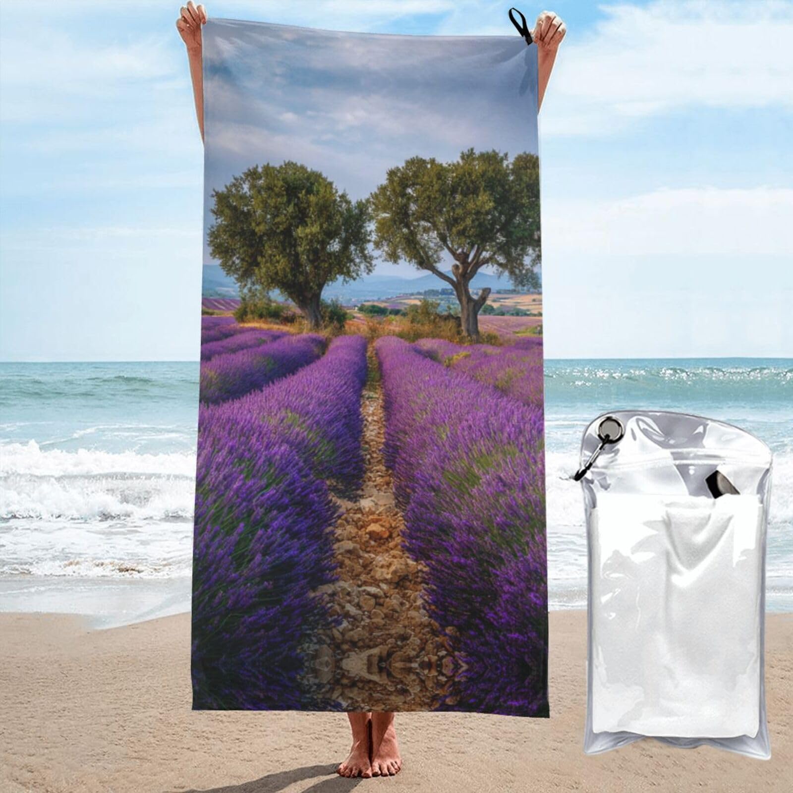 ESNAIUVCD Lavender Fields Print Beach Towel, Microfibre Sauna Towel, Quick-Drying Fitness Towel, Lightweight And Thin Portable Sauna Towel