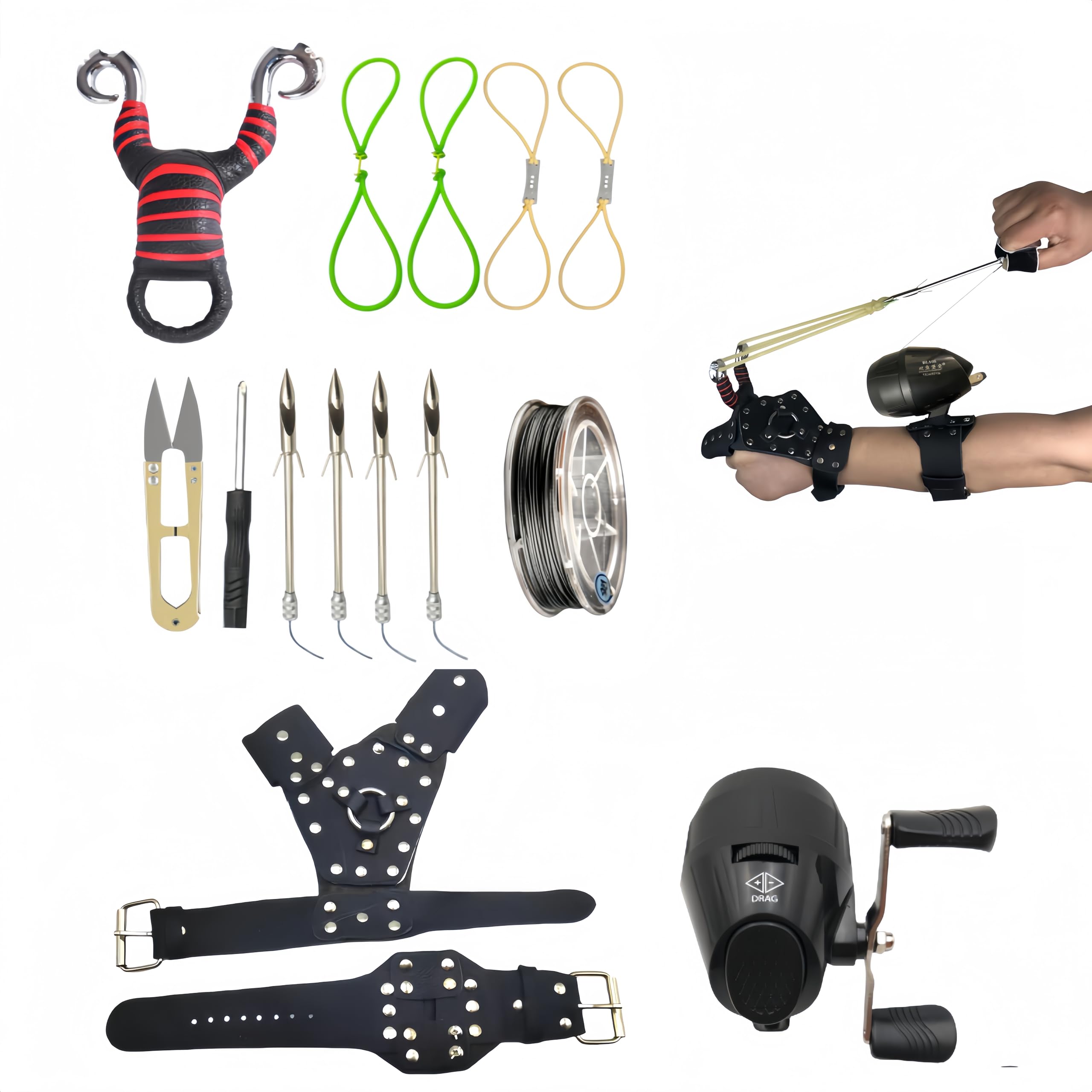 Fishing Tool, Slingshot Kit /Fishing Reel, Wrist Supporter ,Hand Protector(left hand), Bands, Thickened Fishing Line, Dual Purpose