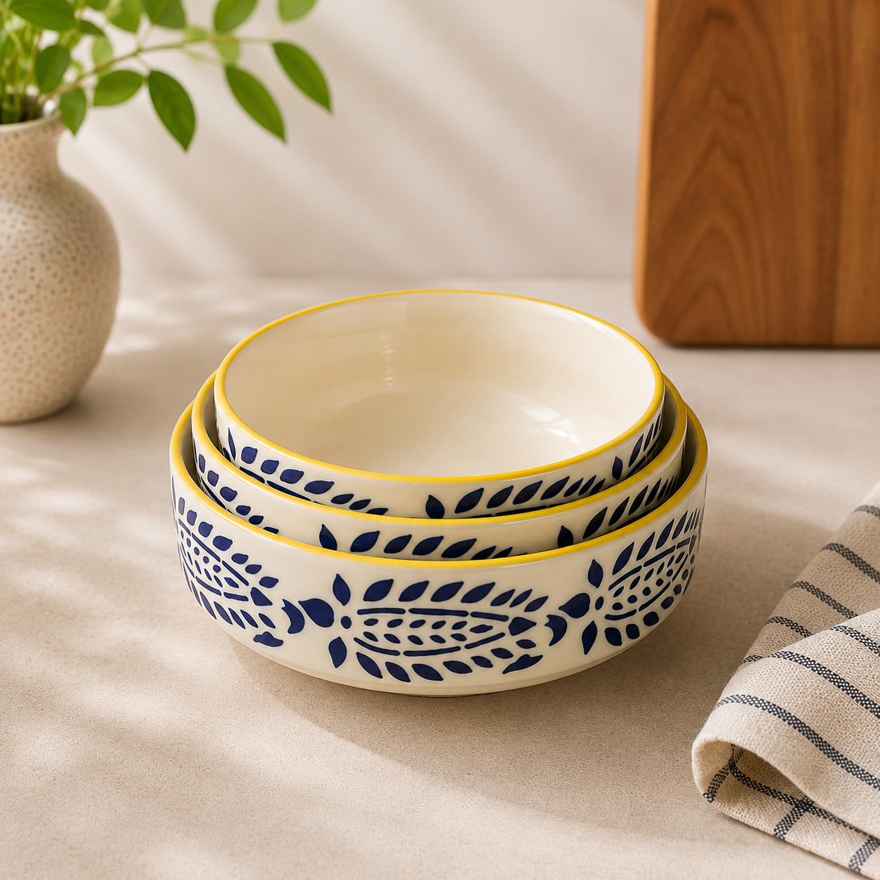 Praahi Lifestyle Premium Ceramic Salad Bowl- Serving Snacks Ceramic Plates - Set of 3- Stackable Sizes (5.5 inch, 6.5 inch, 7.5 inch) Microwave Safe, Yellow and Blue | Best Gift