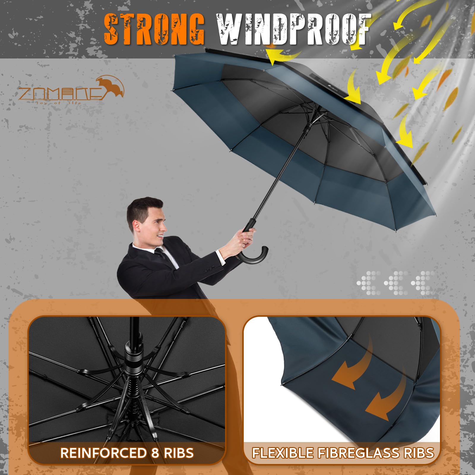 ZOMAKE Paraguas Grande 58 Pulgadas Para Hombre Mujer,8 Varillas Paraguas De Golf Antiviento,Umbrella Trekking Con Dosel RetráCtil De Apertura AutomáTica(Negro Azul Marino)