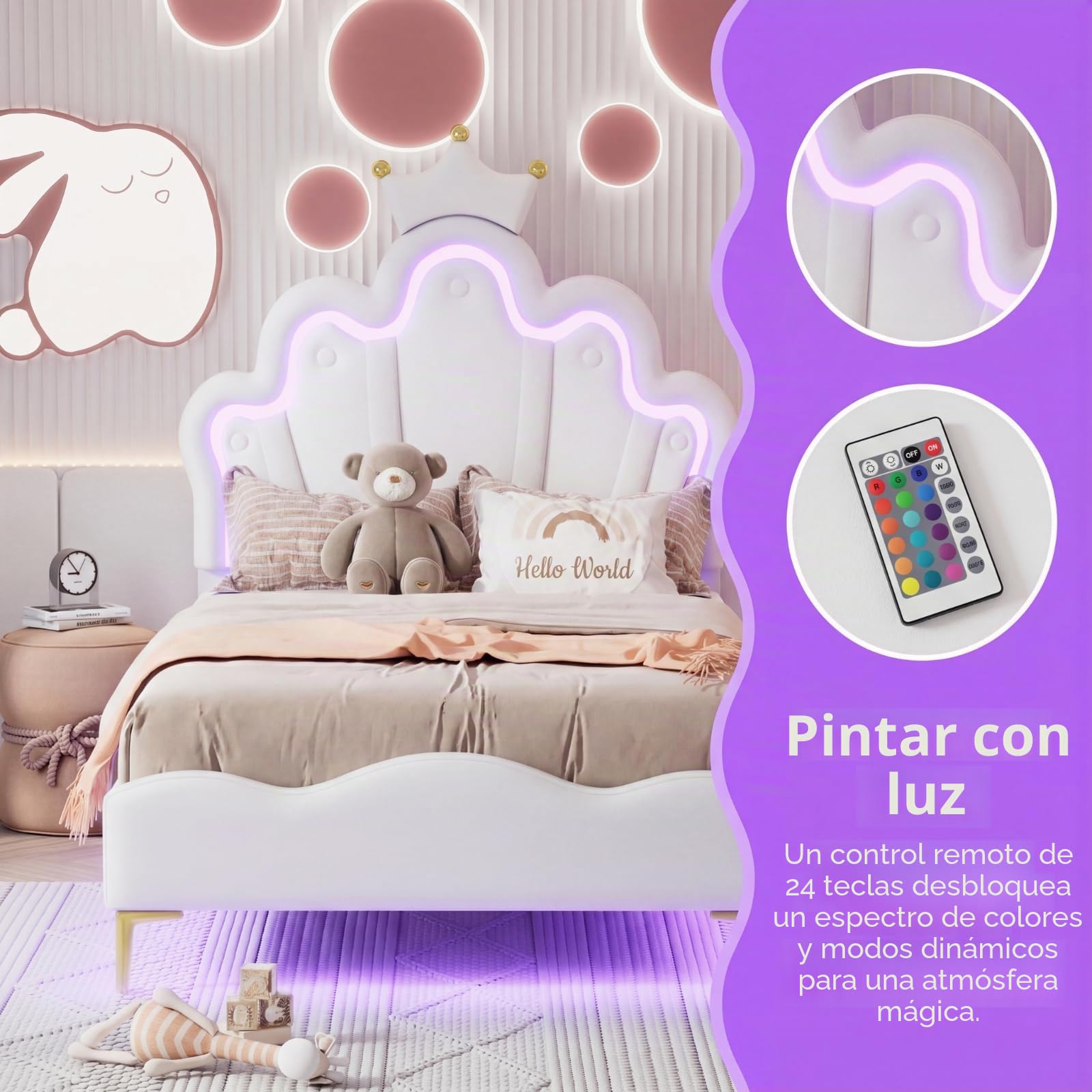 Cama infantil tapizada de 90 x 190 cm con iluminación LED, cama individual con cabecero ajustable en forma de nube con corona, marco de cama para niña con somier, sin colchón, poliuretano