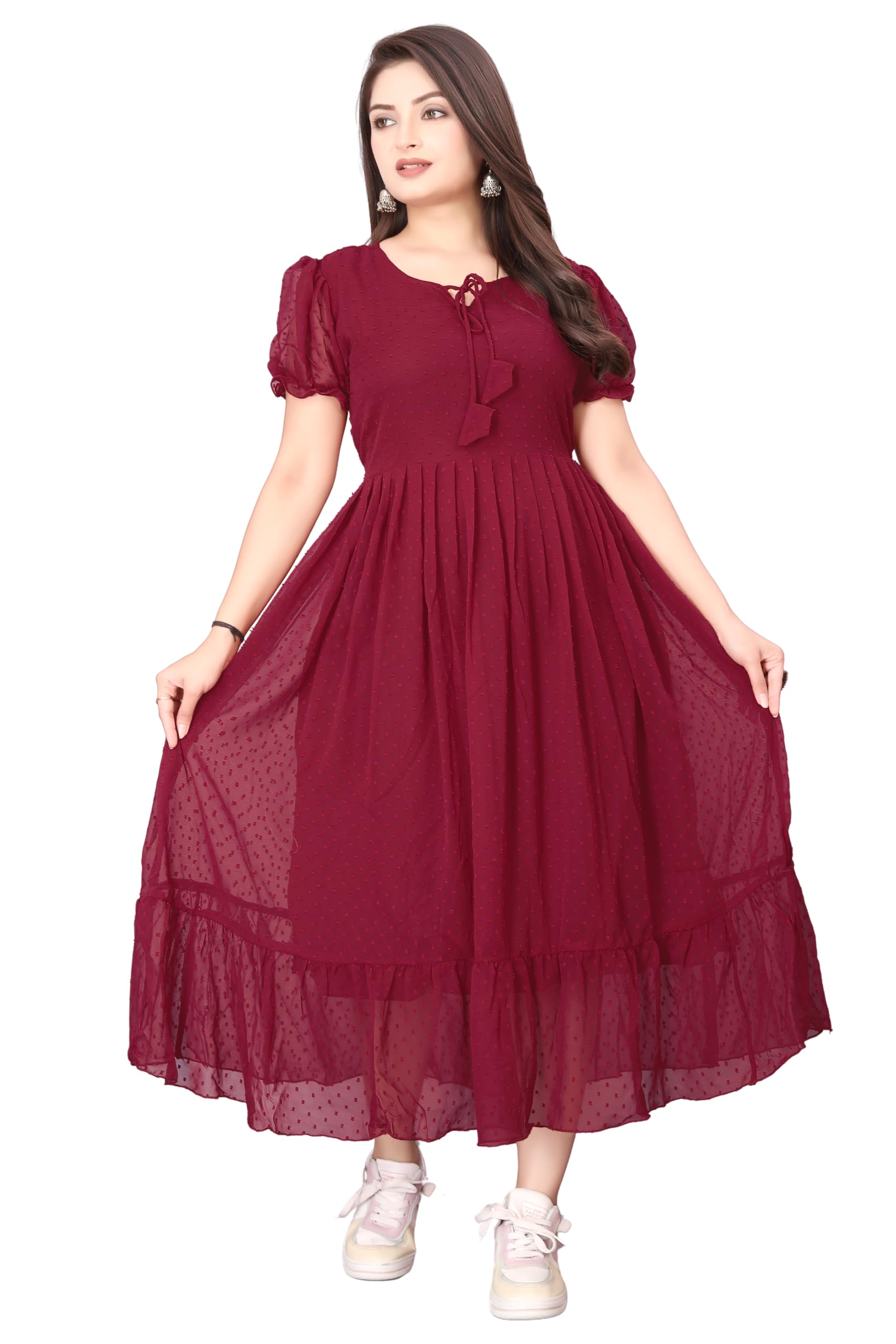 bhadani Women's Solid Georgette Regular Fit Round Neck Short Sleeve Fancy Fit and Flare/A-line/Maxi Gown Dress-picture-26