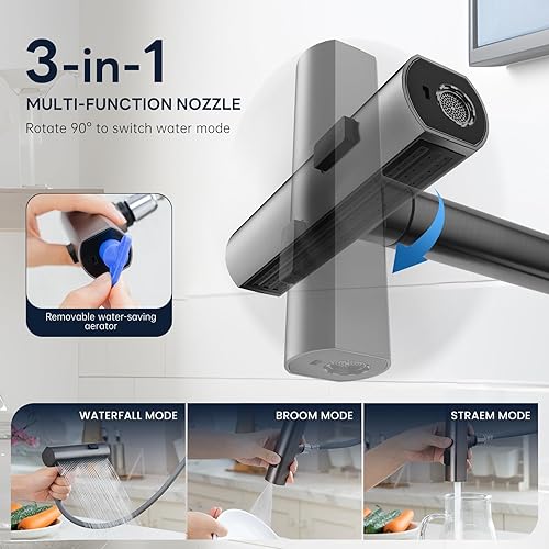 Miniatura 2 de APPASO Grifo de cocina en cascada con rociador extraíble, grifo de cocina de acero inoxidable negro con rociador, 3 modos, grifo de fregadero de