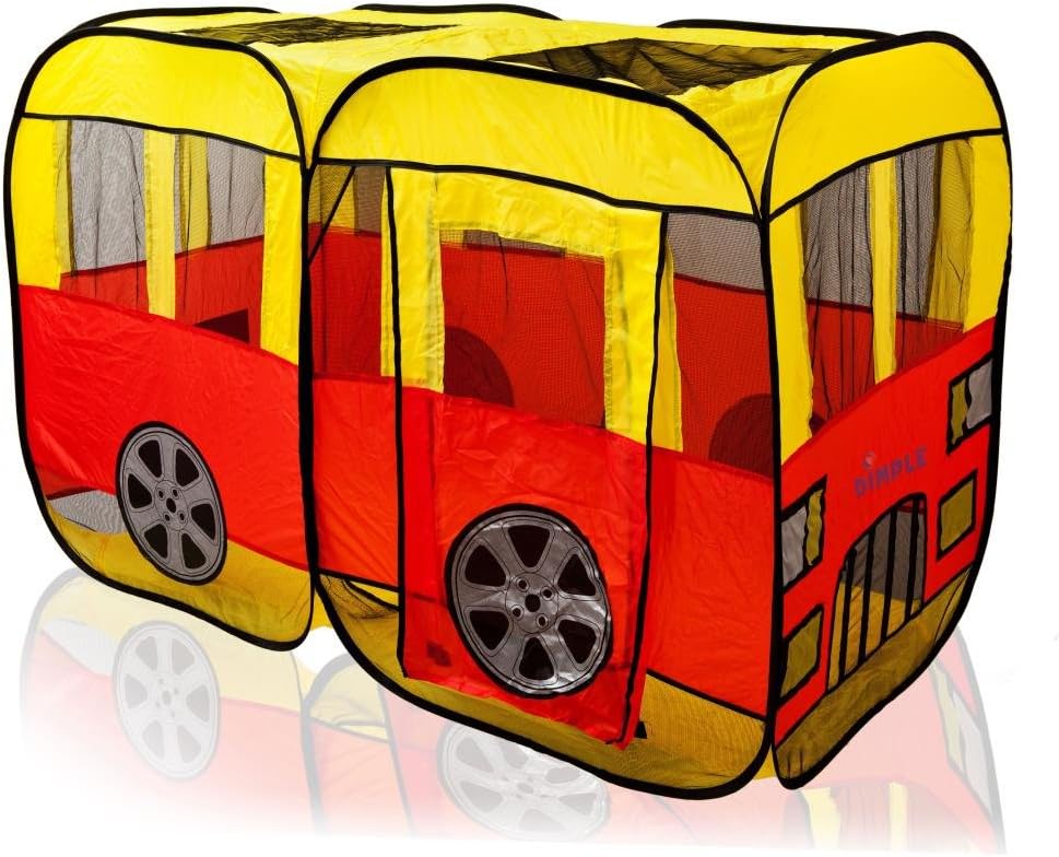 Children's Red &Yellow City Bus Design Pop Up Play Tent Playhouse with Mesh Windows for Indoors & Outdoors by Dimple