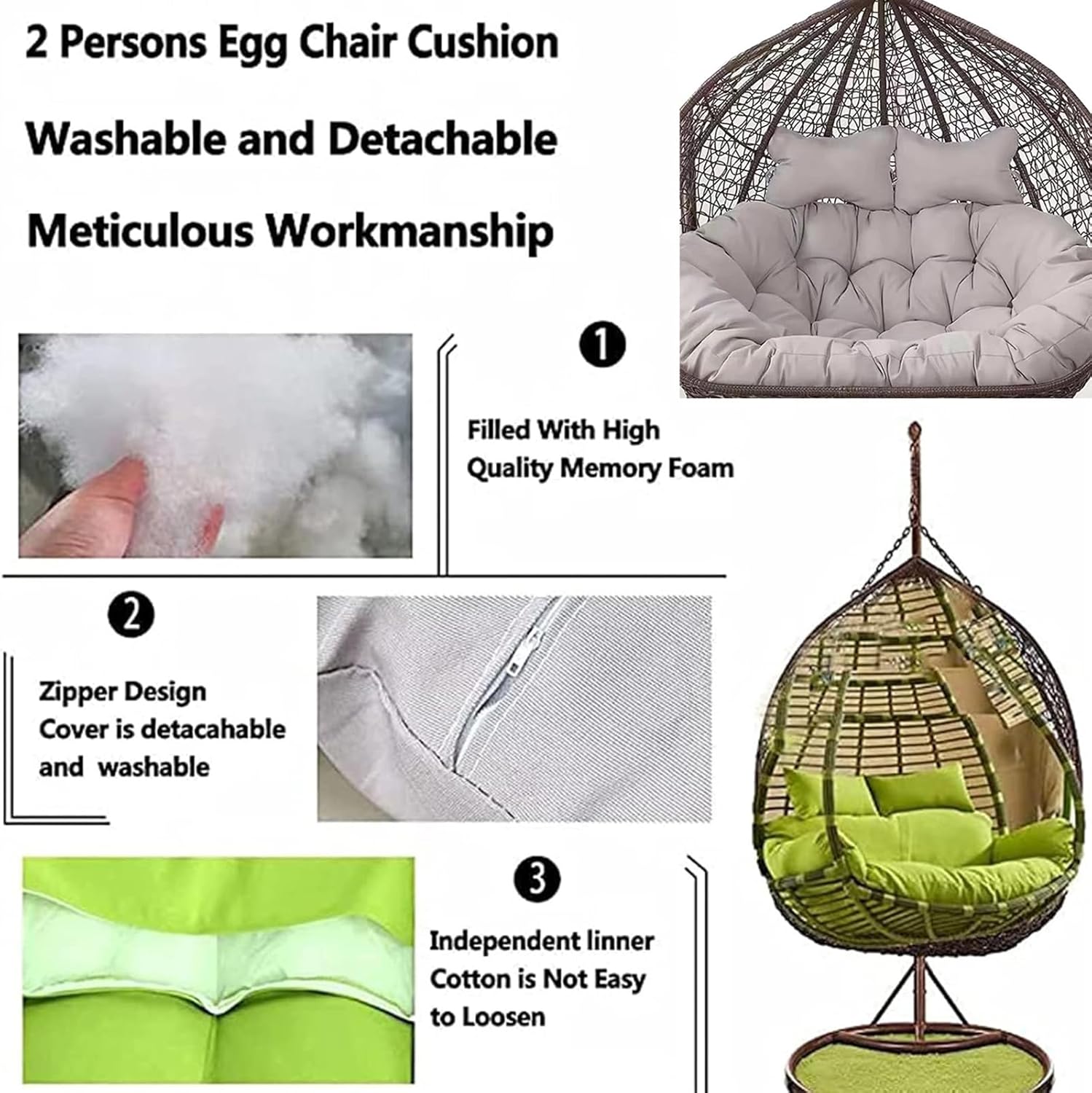 2 Seater Egg Chair Swing Cushion Outdoor, Hanging Egg Chair Cushion, Hanging Basket Chair Seat Cushion, Swing Cushions Patio Hanging Chair Cushion(1)