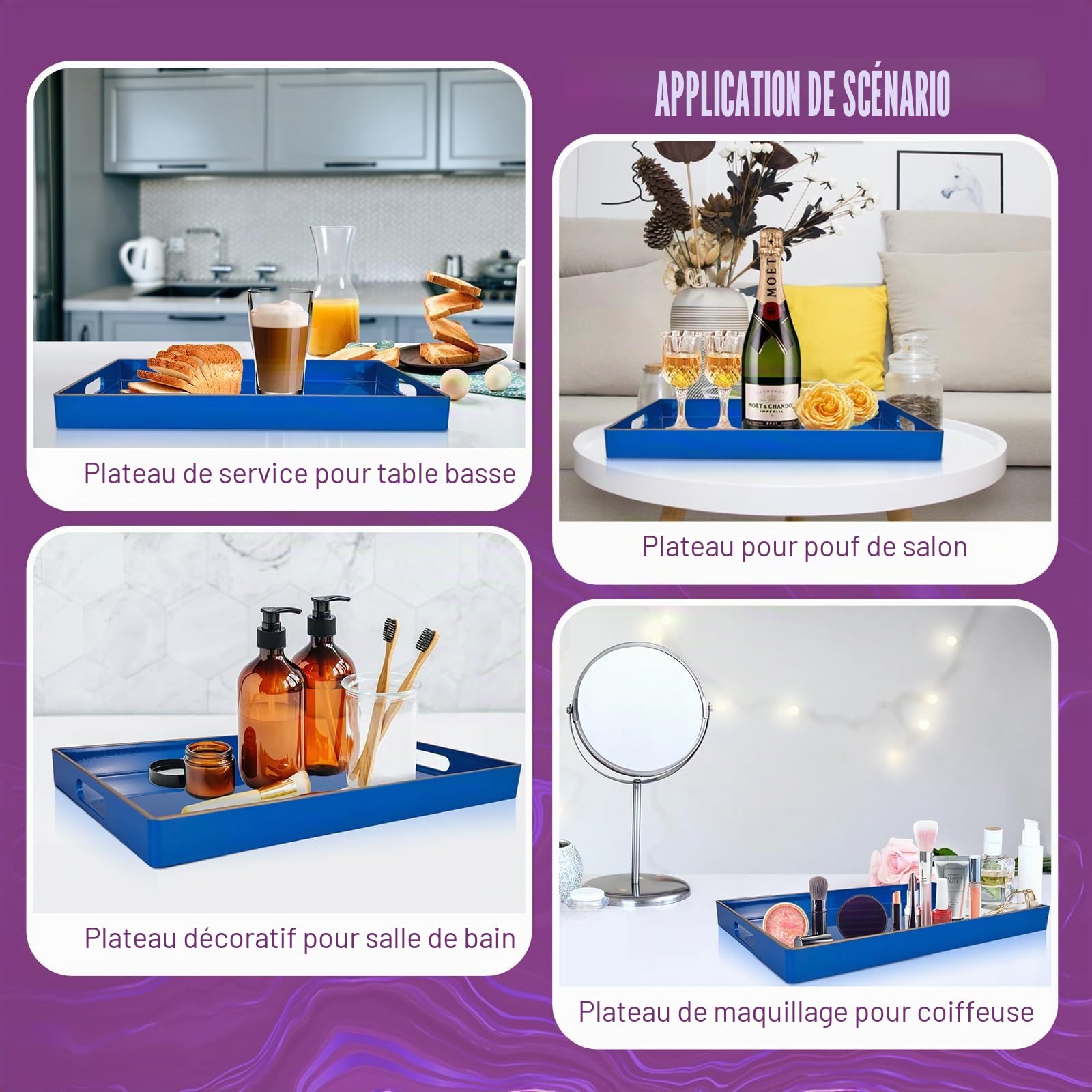Gifturbo Plateau de service décoratif avec poignées, plateau rectangulaire en plastique ottomane pour salon, salle de bain, 40 x 25,9 x 3,5 cm