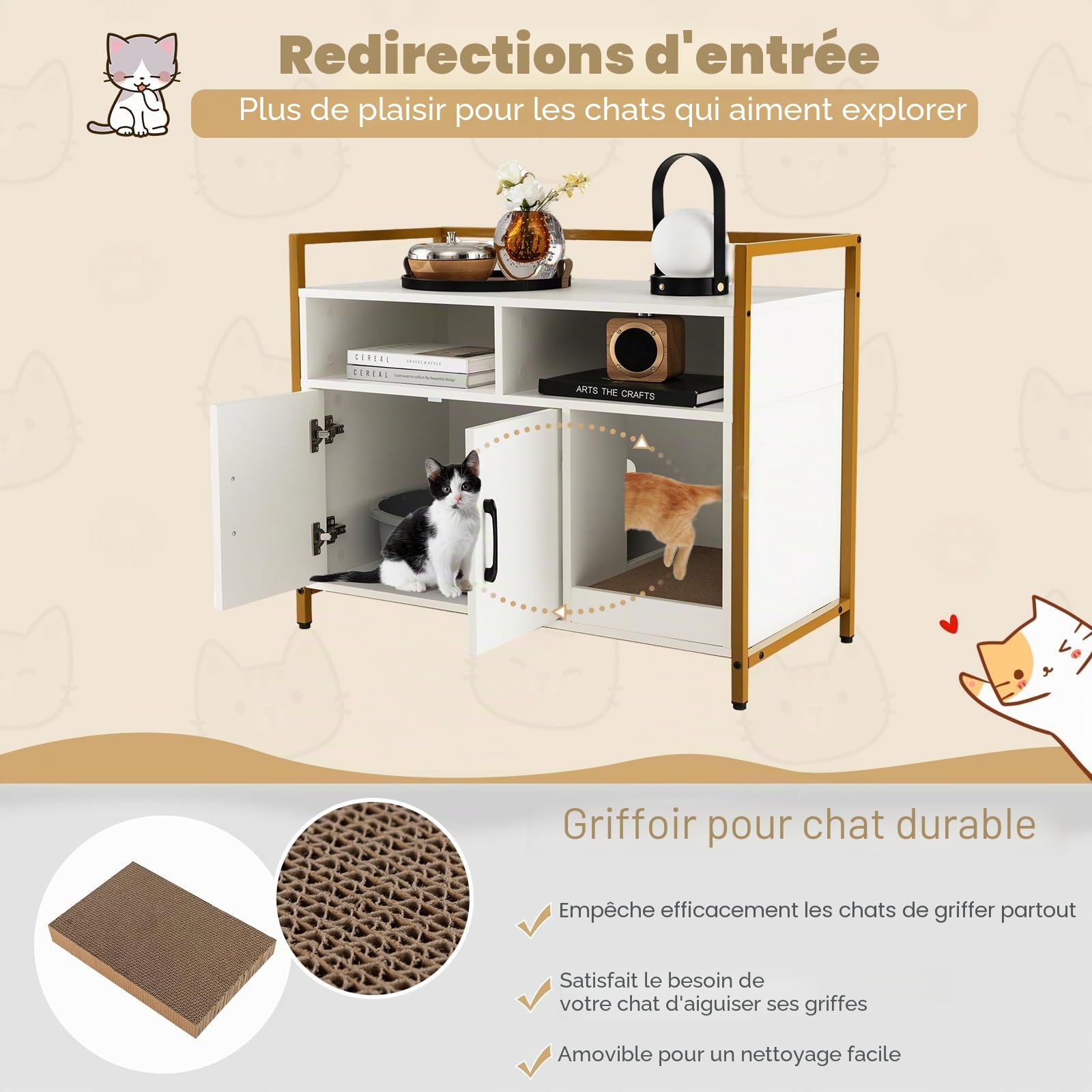 SOARS Maison de Toilette Chat, Meuble Litiere Chat avec Tapis à Griffer, Étagères Ouvertes, 2 Compartiments, Pieds Hauts, Maison Chat pour Salon, Couloir, Entrée (Blanc, 89 X 45 X 74,5 CM)