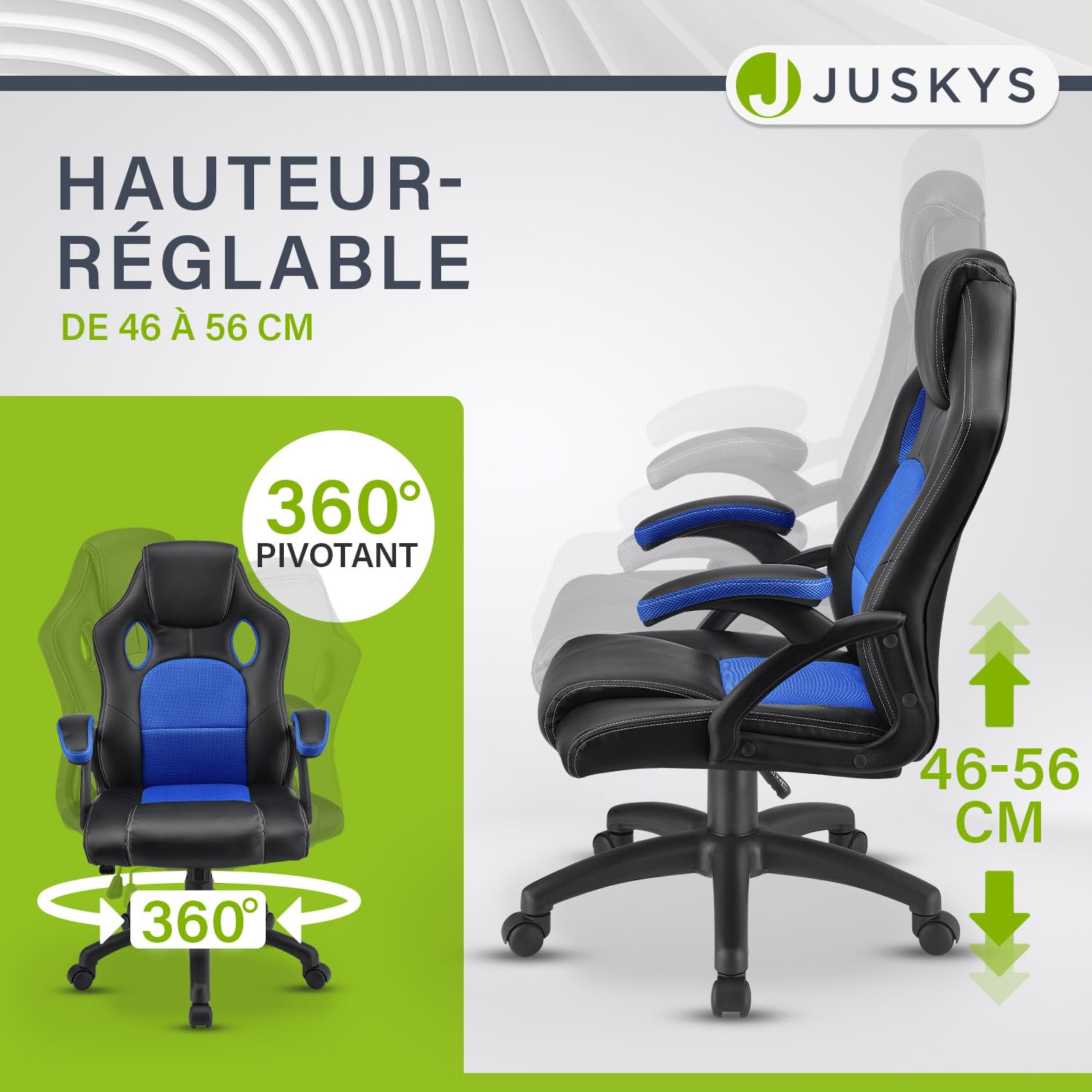 Juskys Chaise de Bureau Montreal Racing Chaise de Bureau Ergonomique réglable en Hauteur et rembourrée Chaise pivotante Chargeable 120 kg Chaise de Jeu PC (Bleu) (52D x 47W x 111H cm)