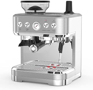 PeacefulHues Espresso Machine with Grinder & Milk Frother, 15-Bar Pump, 2.3L Tank - Cappuccino Latte Maker, Stainless Steel