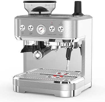 Automatic Coffee Maker, Professional Espresso Machine with Grinder, Built-in Milk Frother Steam Wand for Cappuccino Latte Macchiato, 2.3L Detachable Water Tank, Stainless Steel