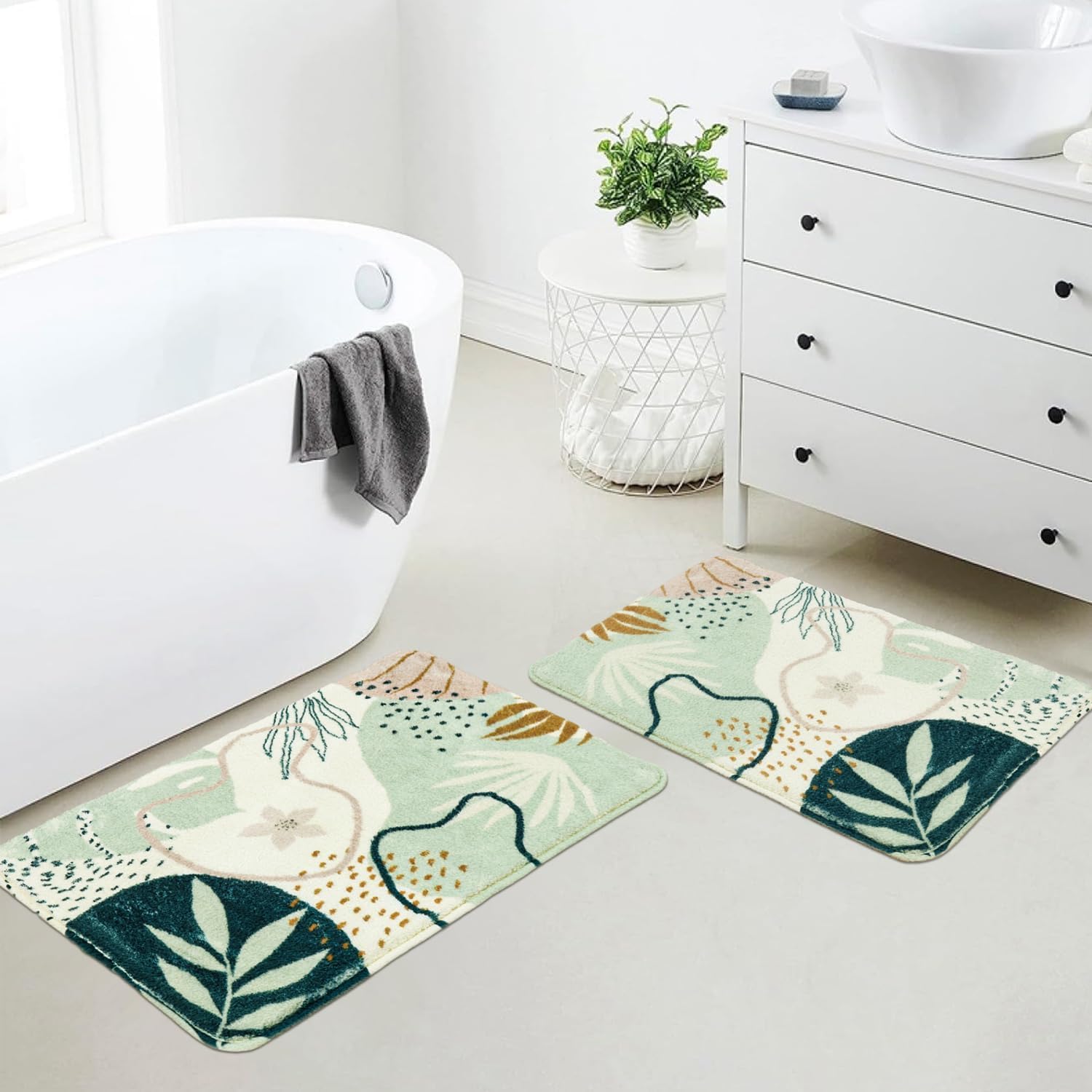 Uphome Sage Green Bathroom Rug Set, Cute Abstract Plant Bath Mat Set, Non Slip Machine Washable Bath Rugs, Soft Velvet Small Bathroom Mat, Mid Centry Aesthetic Botanical Floor Mats for Tub Sink Shower Green 18x26+20x31 inch