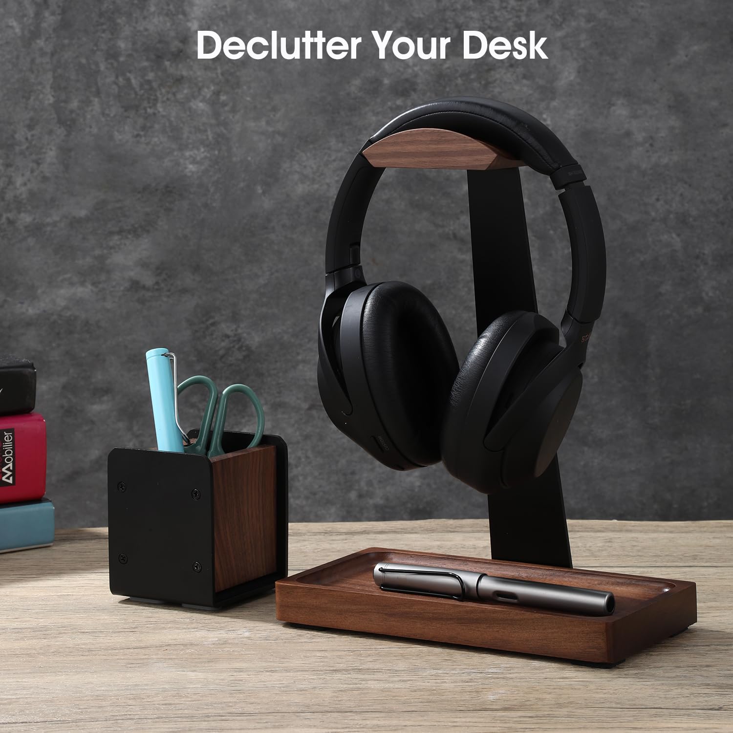 Walnut Desk Tray with Pen Holder Set Solid Wooden Desk Drawer Organizer for Keys Pen Watch Airpods Earbuds — view 6