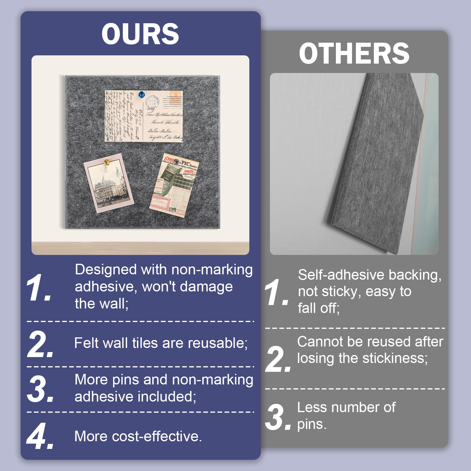 Cork Boards for Walls 48" x60”, 20 Pack Grey Bulletin Board, Reusable Felt Wall Tiles with 105 Pins and Non-Marking Adhesives, Cork Board for Office Pin Board
