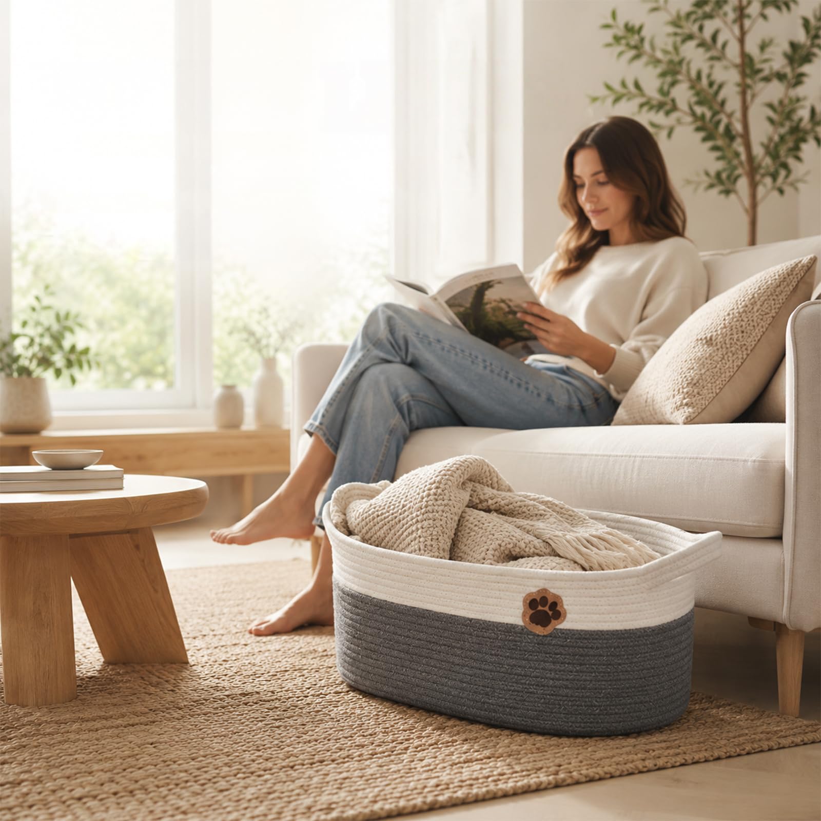 30L Cesto Intrecciato, Organizer per Accessori per Cani, Abbigliamento, Coperte E Casa, Contenitore per Biancheria in Tessuto con Manici 50×20×28 Cm Grigio