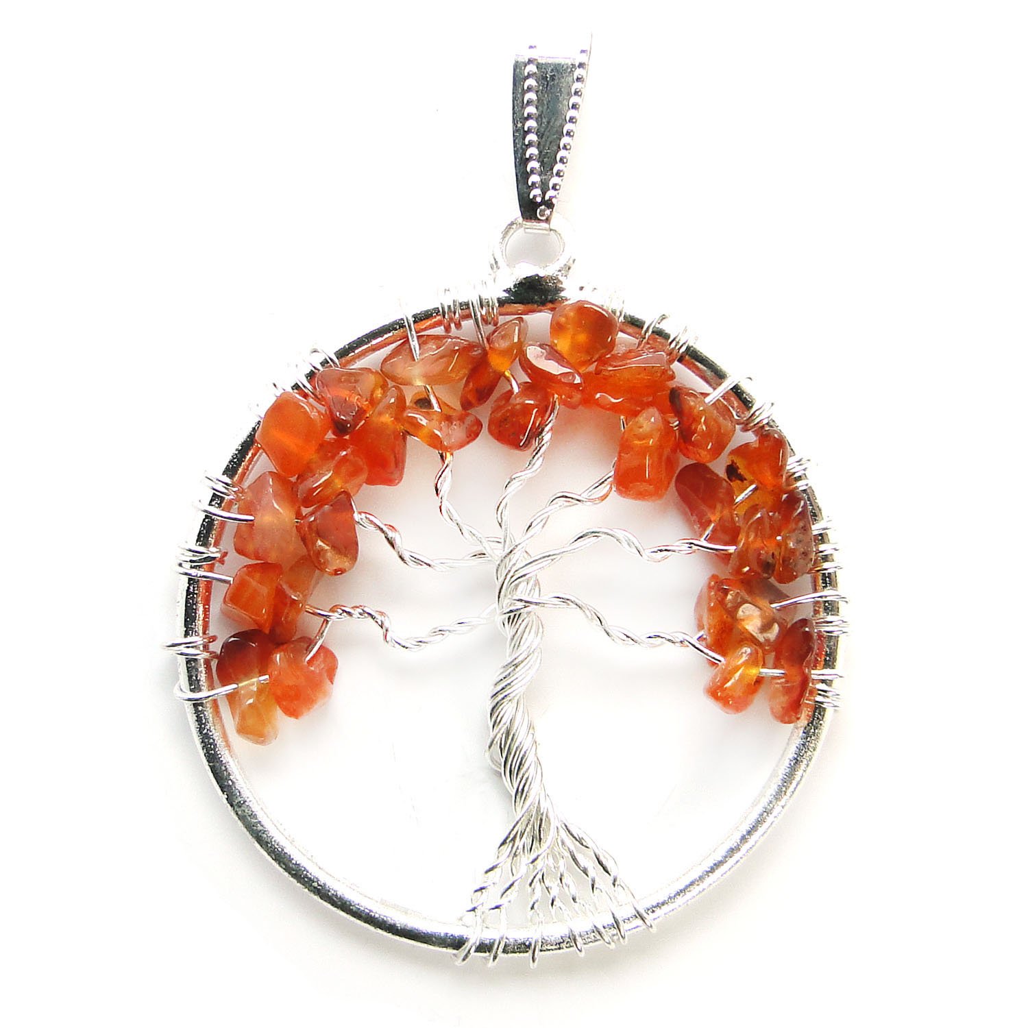 Red Carnelian Tree of Life Pendant for Unisex Natural Stone with Silver Plated Energized & Charged for Reiki & Crystal Healing Gemstone Tumbled Chips Beads