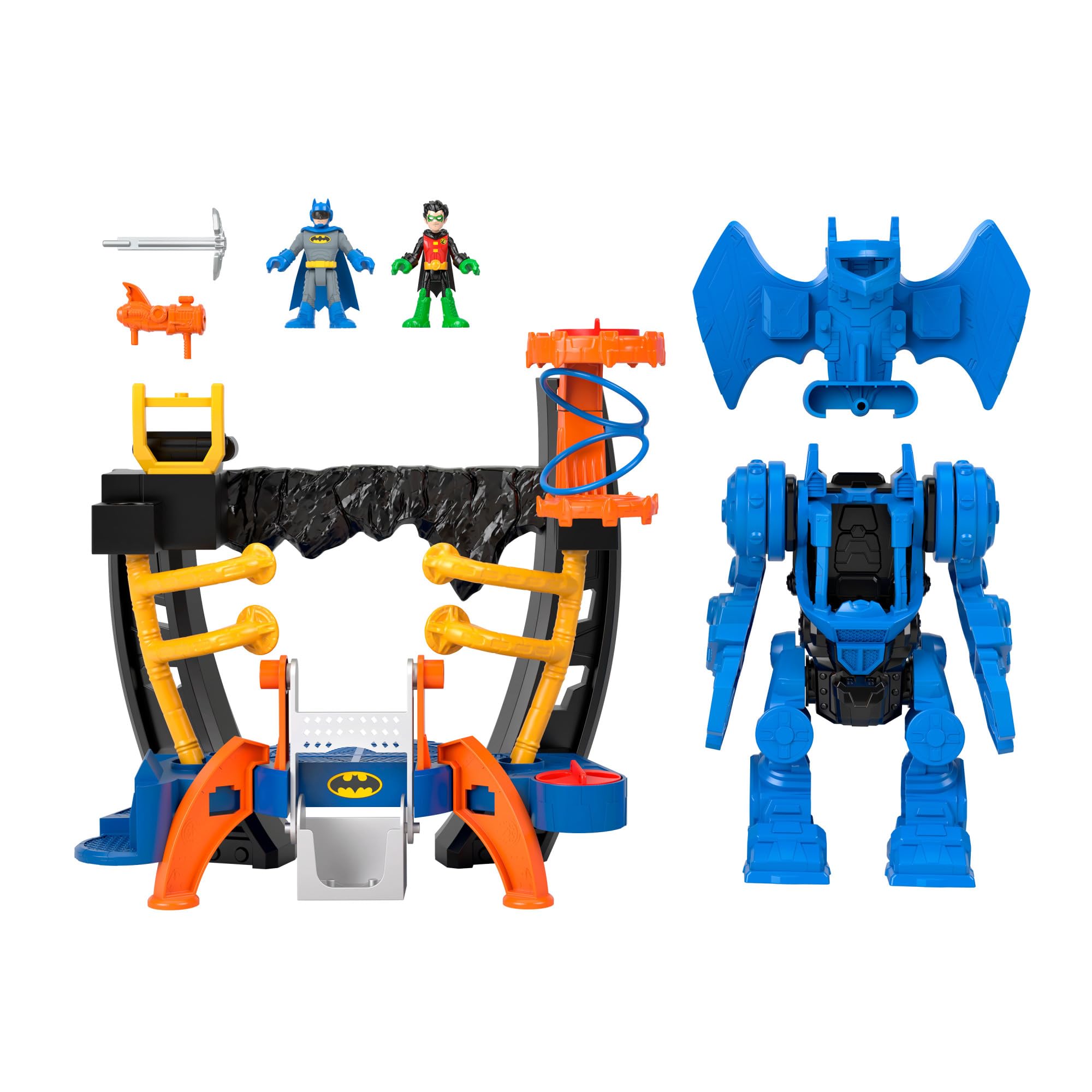 Fisher-Price Imaginext DC Super Friends Batman Robocentrum dowodzenia Zestaw do zabawy z odczepianym robotem (25 cm) oraz figurkami Batmana i Robina, dla dzieci od 3 roku życia, HML02