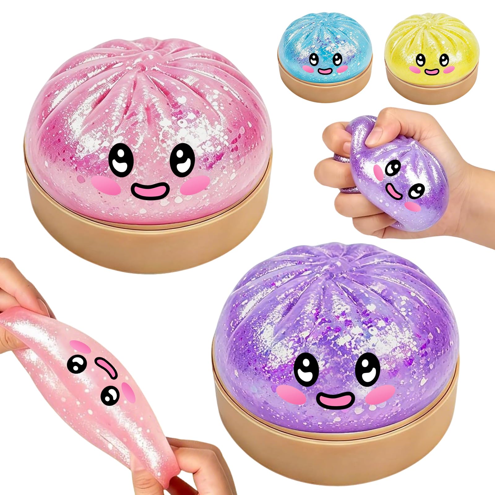 2PCS Dumpling Squishy, Random Dumpling Squishy Mystery Box, Glitter Dumplings Squishies, Random Color, Dumplings Toy with Steamer for Adult Boys and Girls, Anxiety Stress Relief