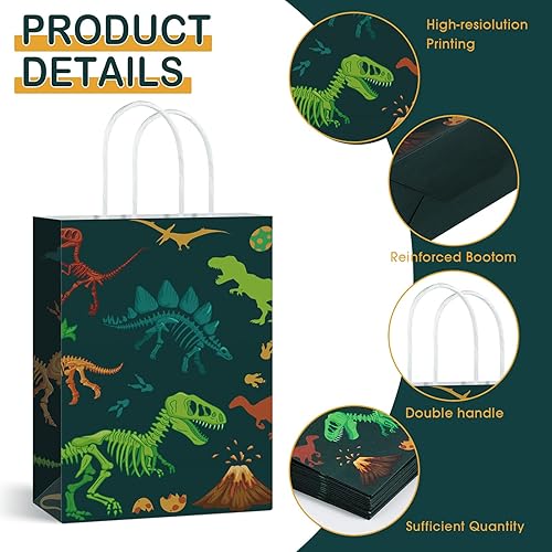 Miniatura 3 de Capoda 16 bolsas de recuerdo de fiesta de dinosaurios, bolsas de regalo de dinosaurio con asa, bolsas de fiesta de dinosaurios con papel de seda