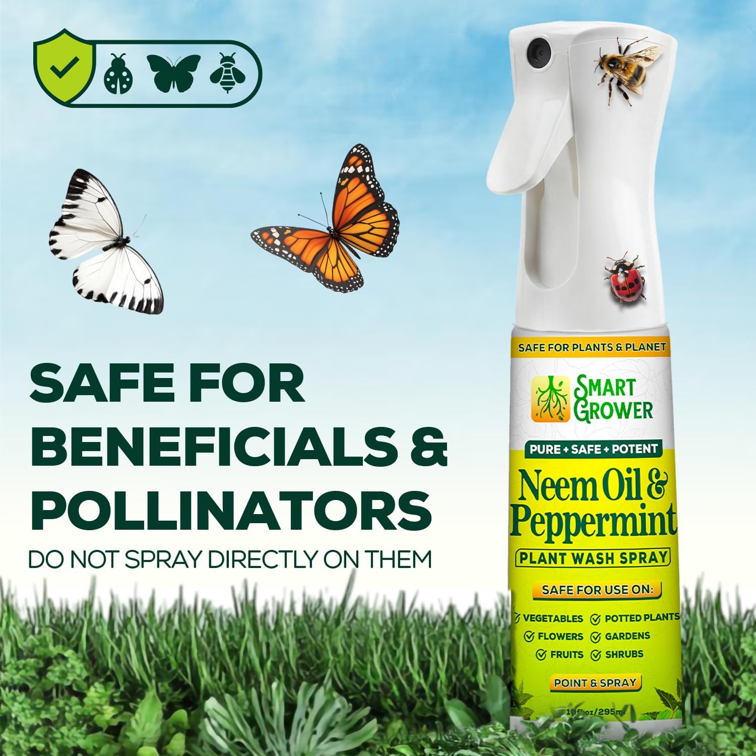 Spray de aceite de neem para plantas con aceite de menta, paquete combo recargable de niebla fina de 283,5 g + relleno concentrado de 113,4 g - Hecho 6 botellas, lavado natural para plantas