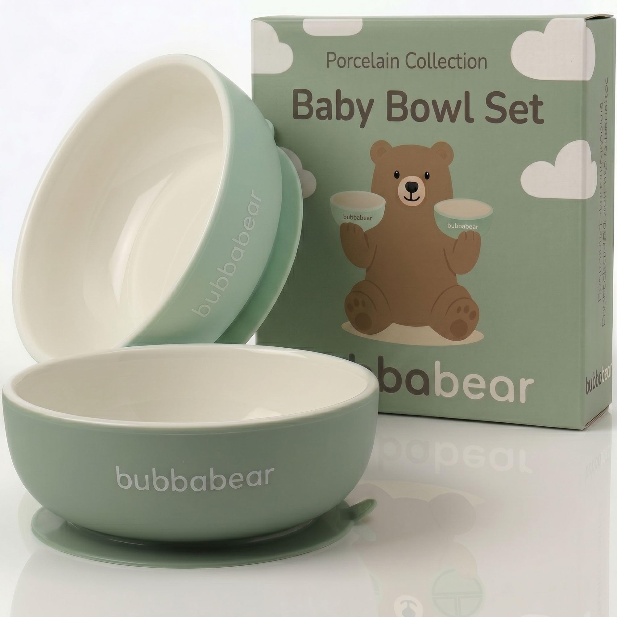 Bubba Bear Baby Porcelain Bowl Set for Weaning | 2 Suction Bowls Sets for Feeding Babies | Toddler Stay Put Food Dishes Kit | Non Slip Silicone Sleeve for Toddlers & Kids