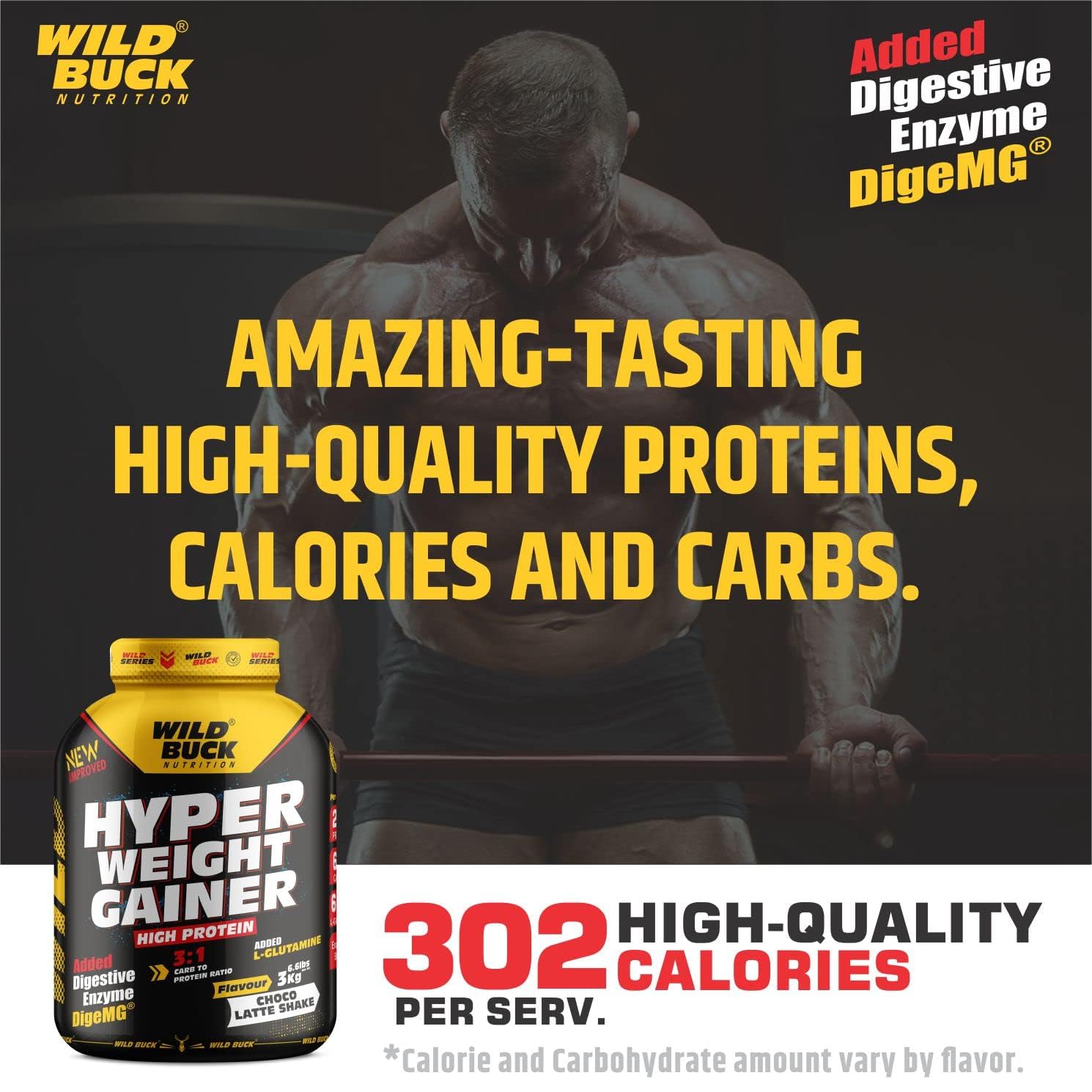 WILD BUCK Hyper Weight Gainer Powder High Protein Muscle Mass & Weight Gainer With L-Glutamine & Digestive Enzymes |For Men & Women [Choco Latte Shake, 3 Kg / 6.6 Lb], 1 count, 75 servings — Amazon image 5