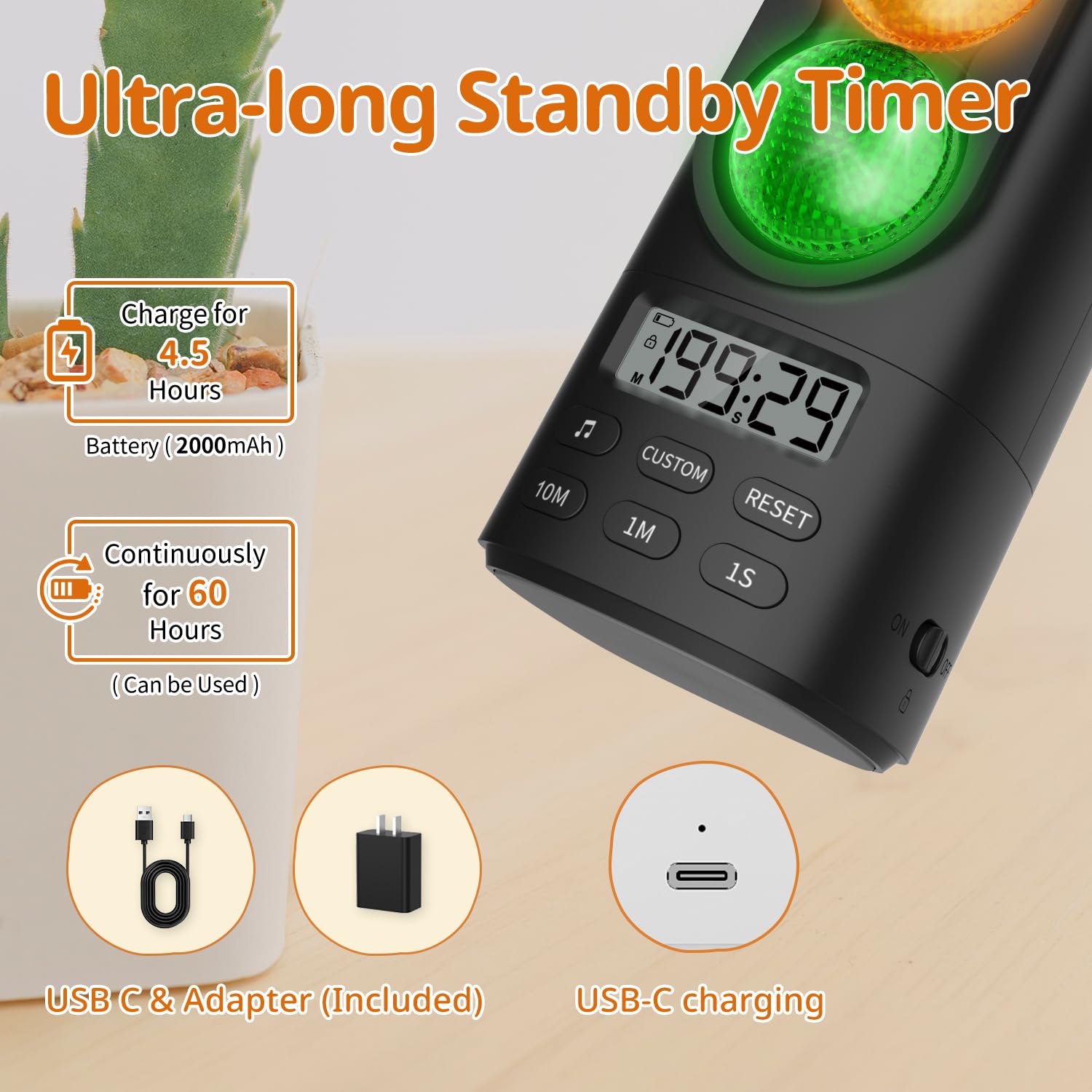 Sygnalizacja świetlna wizualny audio cyfrowy timer, regulacja głośności wyświetlacza LCD, z 4 dzwonkami, dla dzieci, klasy, domu, kuchni, gry, odliczanie, pauza, funkcja pamięci, ładowarka