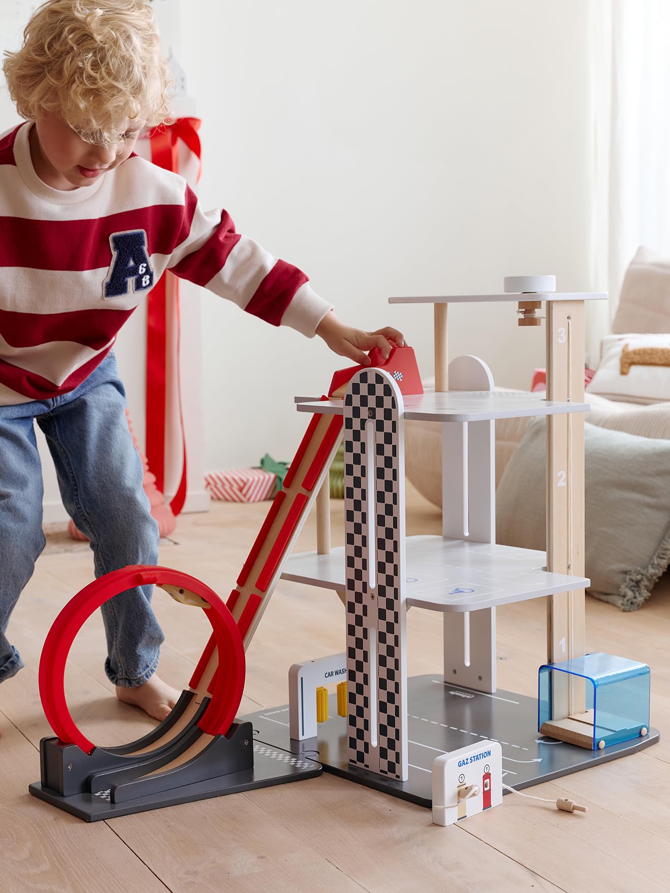 VERTBAUDET Garage 3 Niveaux avec looping en Bois FSC® Rouge TU