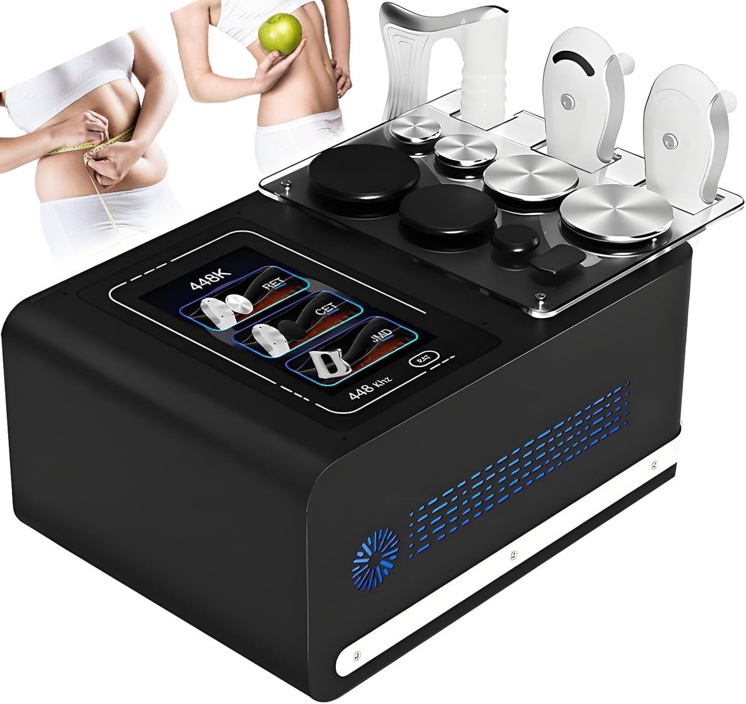 Apparecchio per Terapia a radiofrequenza 448K - per Sollevamento RF, Perdita di Peso e modellamento del Corpo, con 3 Maniglie e 8 postazioni di Lavoro per trattamenti fisici Profondi Black