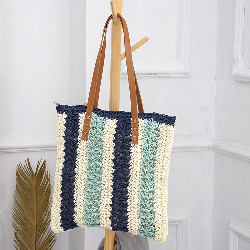 Bolso Tote grande de paja rayado para mujer miniatura 7