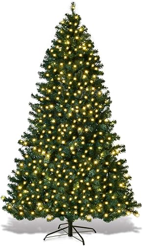 HAPPYGRILL Árbol de Navidad preiluminado de 7 pies con 500 luces LED, árbol de Navidad artificial con 1233 puntas de ramas de PVC, 35 piñas de pino,