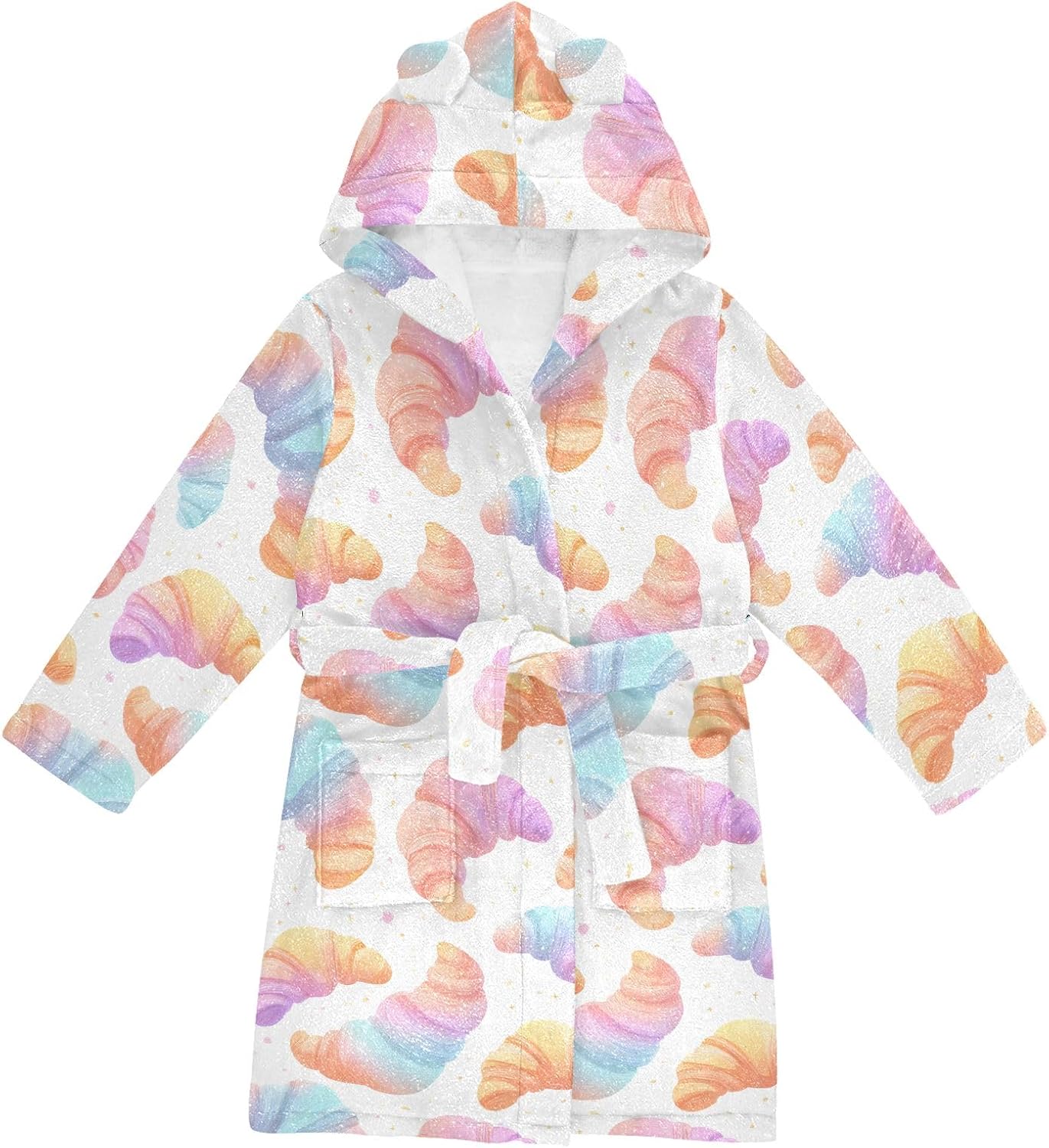Colorful Bread with Stars Toddler Hooded Bathrobe for Boys Girls Soft Plush Bath Towel Robe 2-12 Years