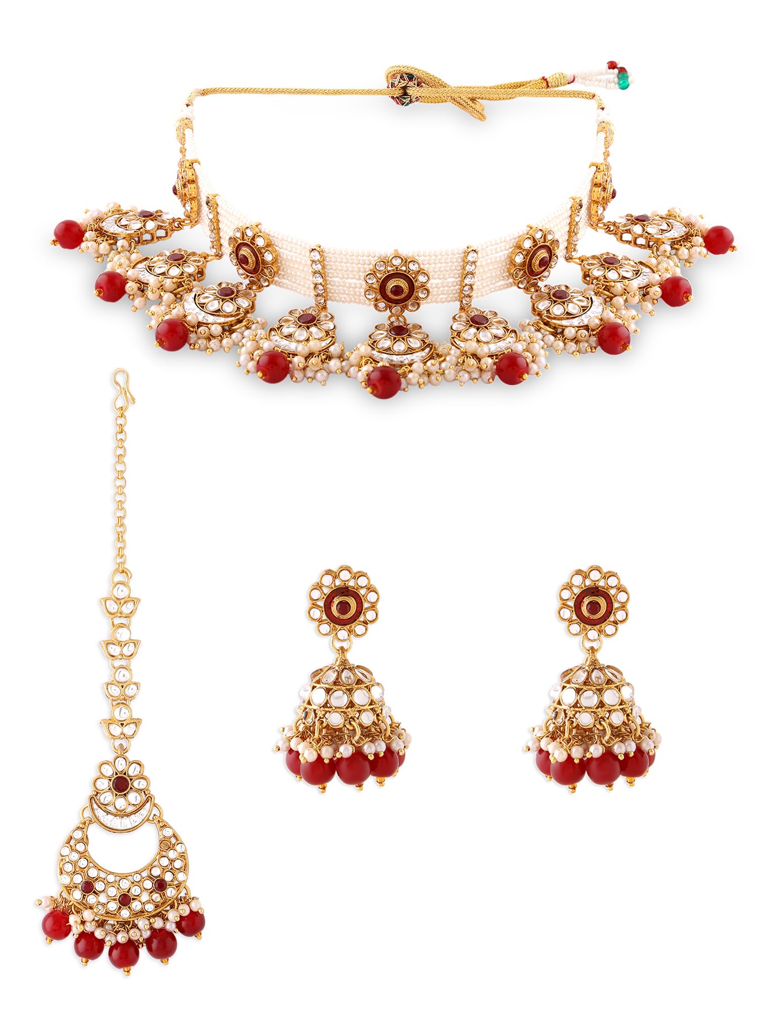 ZAVERI PEARLS Red Stones Beads Kundan Crescent Floral Choker Necklace Earring & Maangtikka Set For Women-ZPFK17356 (B0CTQW5PTT) Amazon Price History, Amazon Price Tracker