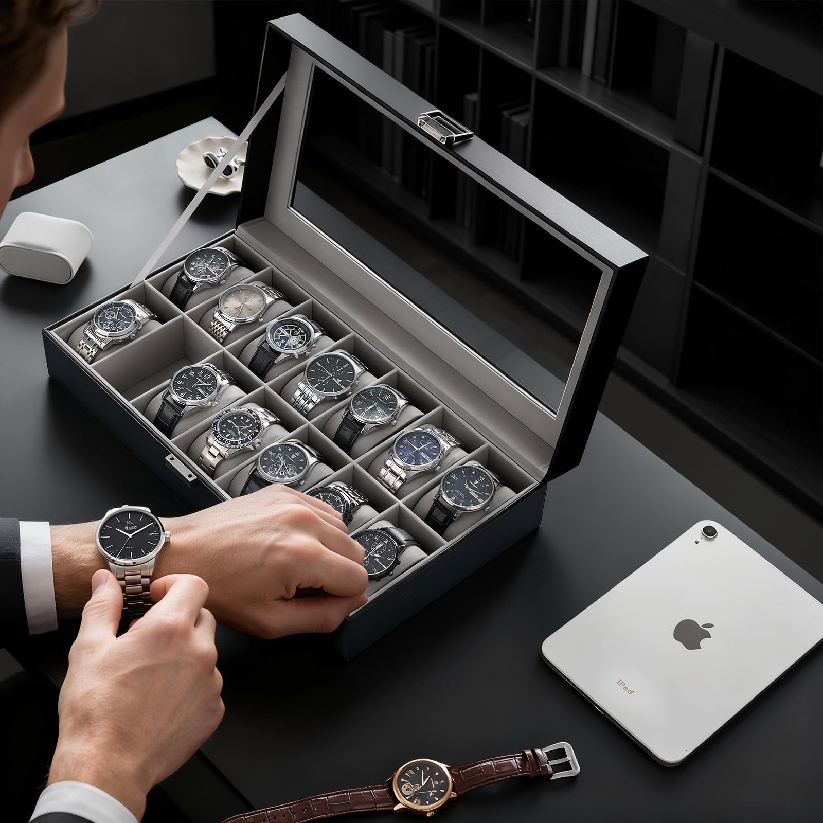 ProCase Caja Organizadora de Relojes 14 Ranuras, Estuche Joyero con Tapa de Cristal, Vitrina de Almacenamiento para Relojes, Pulseras y Joyas, Regalo Elegante para Hombres y Mujeres – Negro